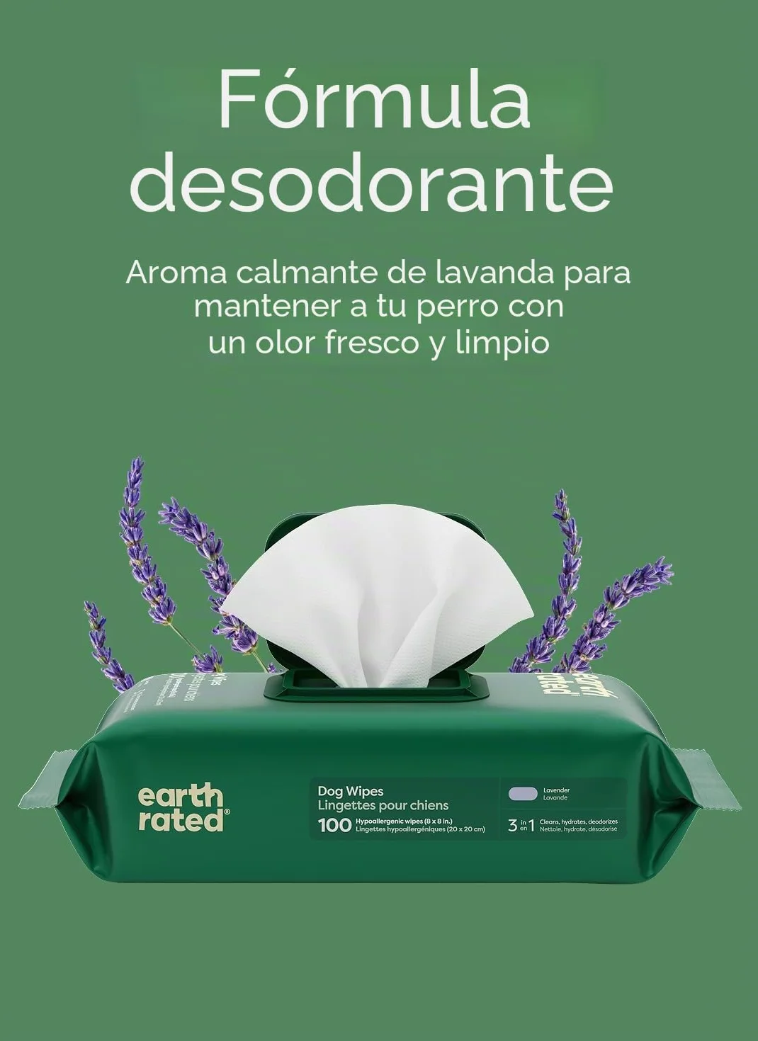 Earth Rated Toallitas hipoalergénicas para Perros, para Limpiar y Eliminar olores de Patas, Cuerpo y Trasero, Cachorros y Perros Adultos, Aroma a Lavanda, 100 Unidades