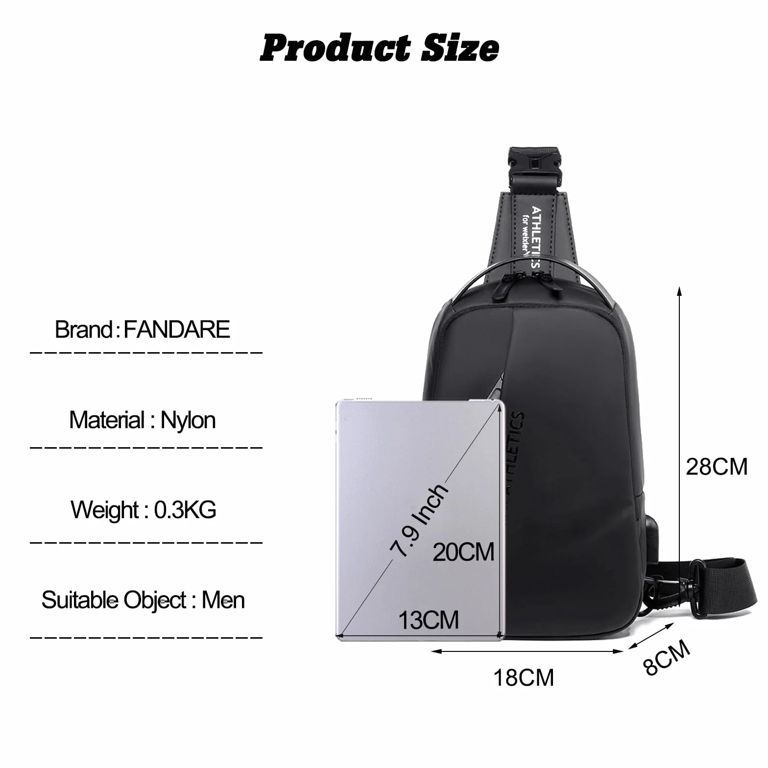 FANDARE Bandolera Hombre Bolsa Cruzada con Puerto de Carga USB Nailon Negro