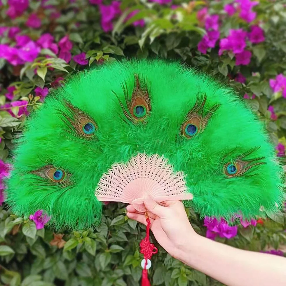 Abanico de plumas de pavo real plegable hecho a mano, decoración de boda, fiesta, baile, cosplay, ventilador portátil (azul)