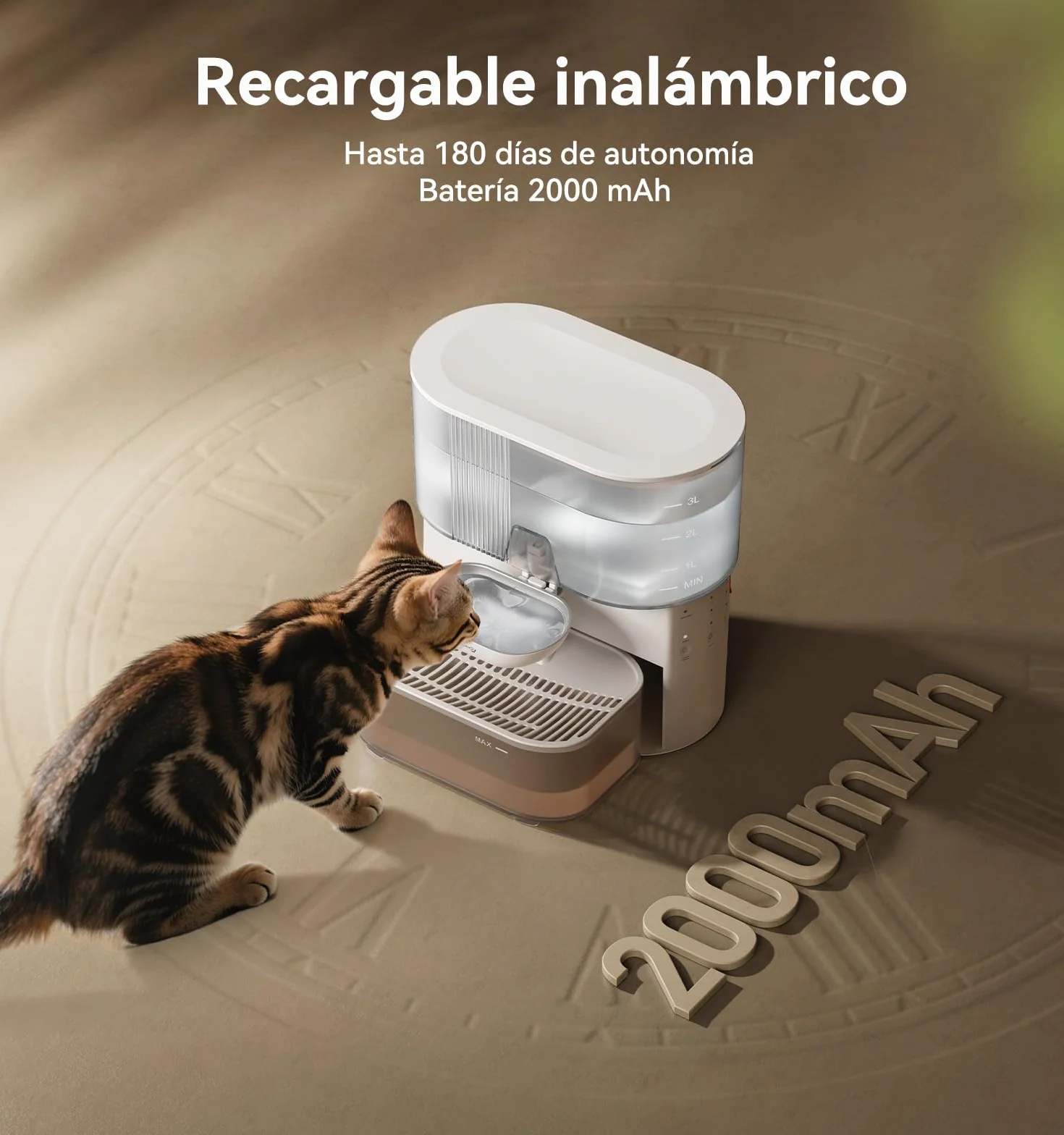 FEELNEEDY Fuente para Gatos Sin Filtro e Inalámbrica con Batería 2000mAh, Separa el Agua Limpia del Agua Usada, Cuenco de Acero Inoxidable, Bebedero Gatos Sin Cable 3,5L, Blanca