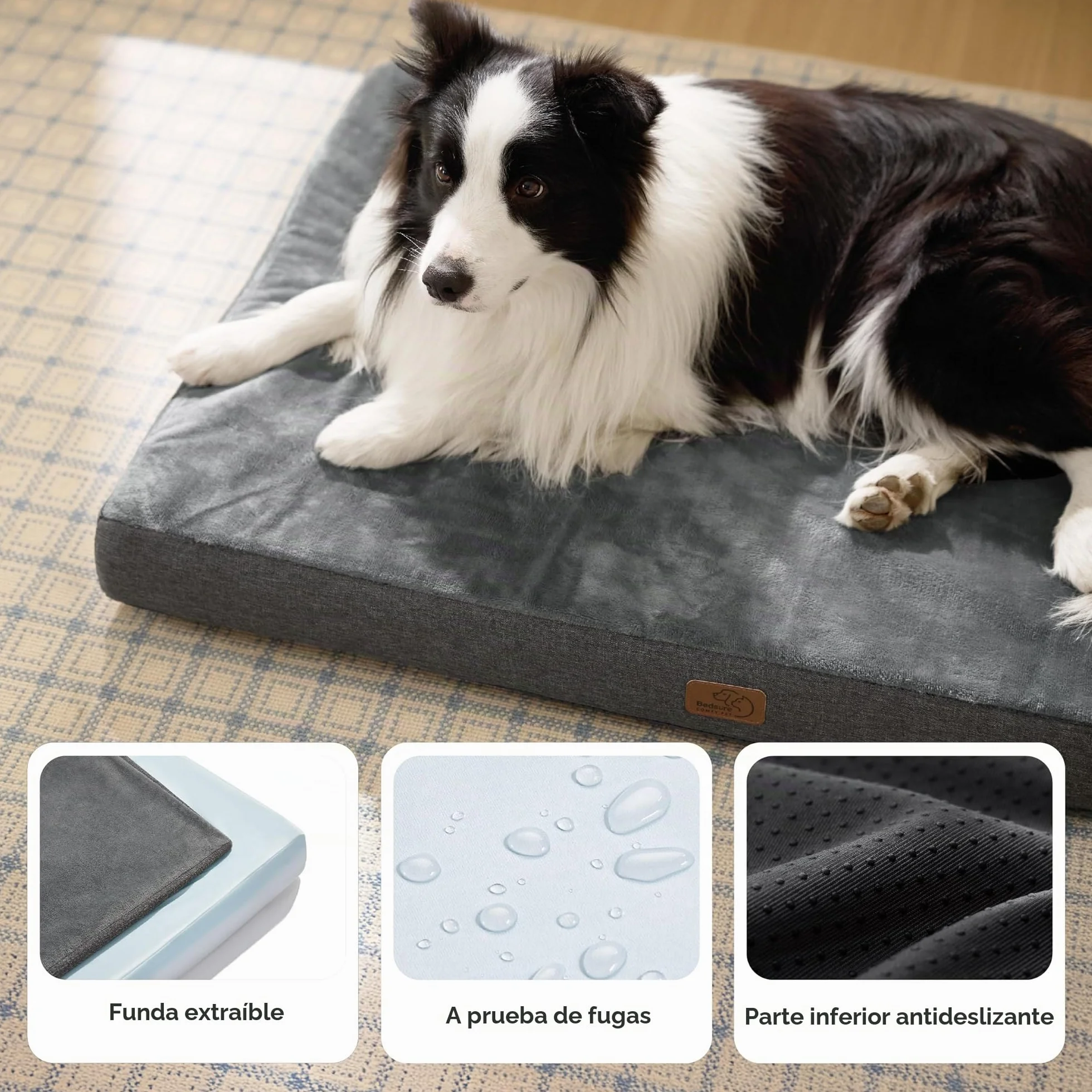 Bedsure Cama Perro Ortopédica Grande - Colchón Perro Lavable con Funda Desenfundable y Evestimiento Impermeable, Espuma Viscoelástica, Gris, 89x56cm