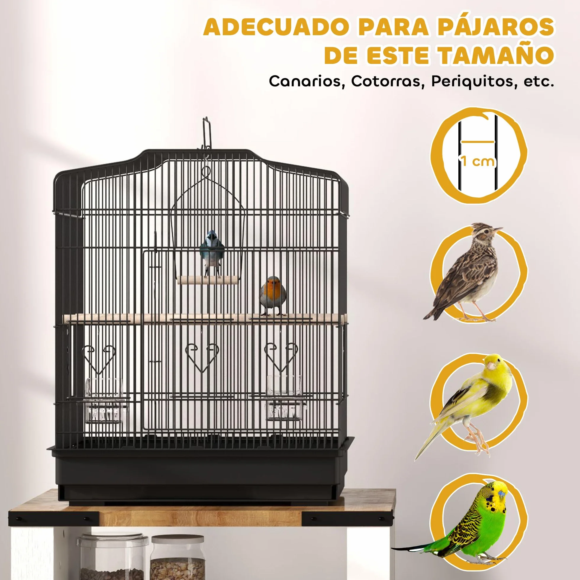 PawHut Jaula para Pájaros, Jaula de Acero para Pájaros con Puertas, 2 Comederos, 2 Perchas, Columpio, Bandeja Extraíble y Asa de Transporte, para Loro, Canario, Periquito, 46,5x36x59 cm, Negro