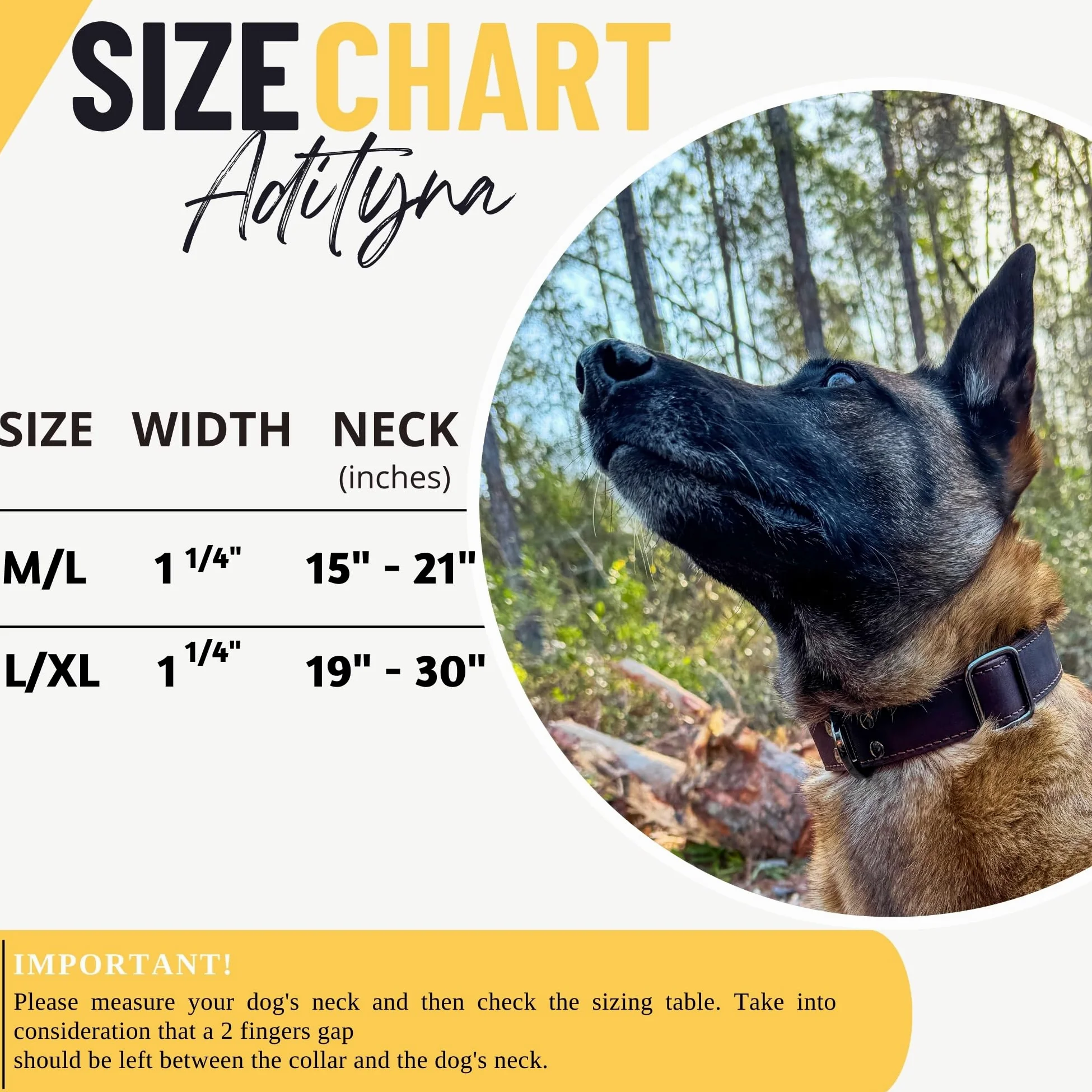 ADITYNA - Collar de cuero para perro con hebilla de metal para perros medianos y grandes - Collar táctico de cuero resistente, ajustable y de cuero (negro, se adapta a cuellos de 15 a 21 pulgadas)