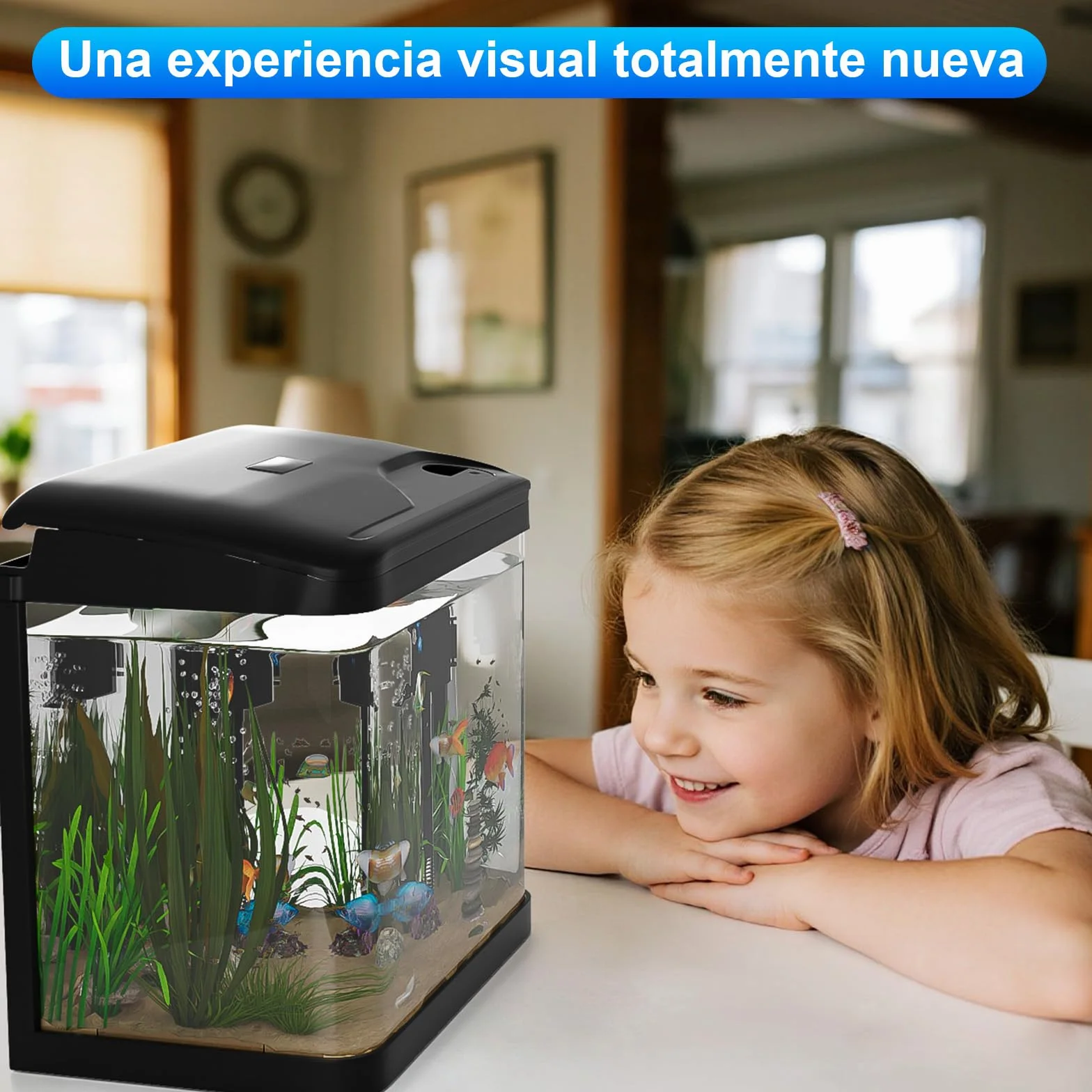 15L Acuario de Cristal Acuarios y Peceras Completas,con Sistema de Filtrado Integrado e Iluminación LED,Acuarios de Iniciación, Negro