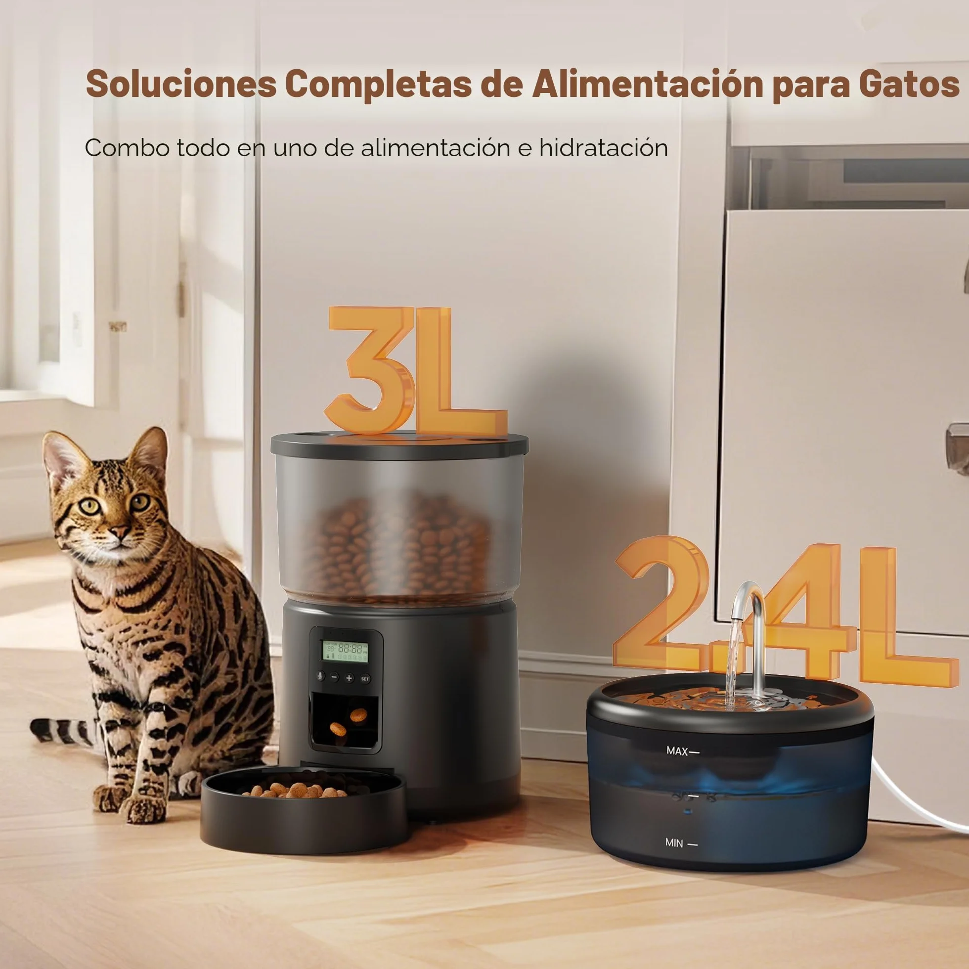 Comedero Gato Automatico y Fuente para Gatos: Dispensador Comida Gatos con Programable Temporizador 6 Comida al Día - 3L Alimentador Perro y 2.4L Bebedero para Pequeño/Mediano Mascota - 10S Grabación