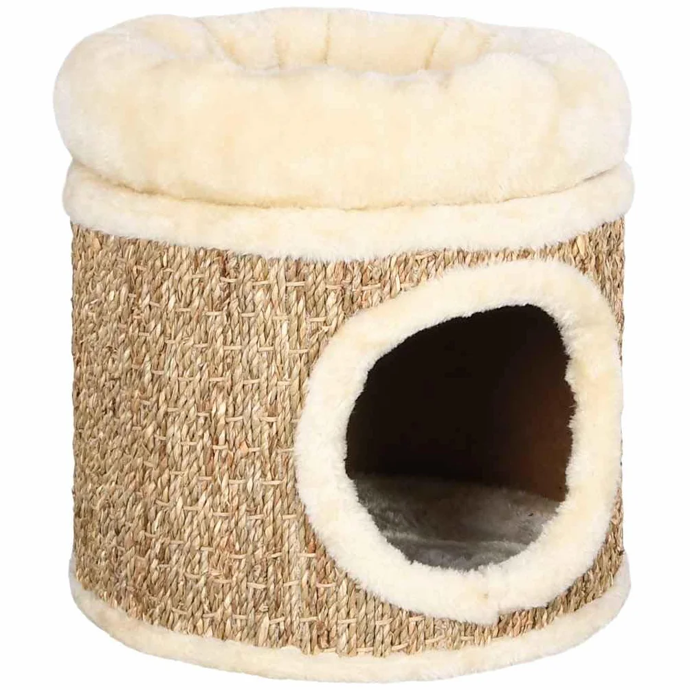 Casa para gatos con lujosa cama para gatos de 33 cm, hierba marina, árbol rascador con tabla y cueva, árbol de escalada con felpa, para el cuidado de las garras y jugar en el apartamento o