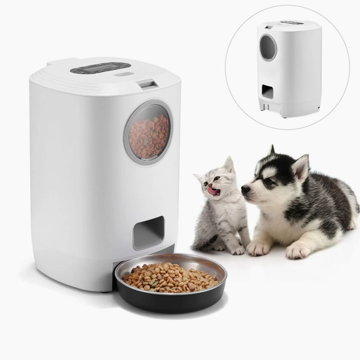 Comedero Automático para Mascotas Contenedor de Alimentación para Mascotas 4.5l Blanco Carga USB Desmontable Abs Acero Inoxidable y PC para Gatos y Conejos