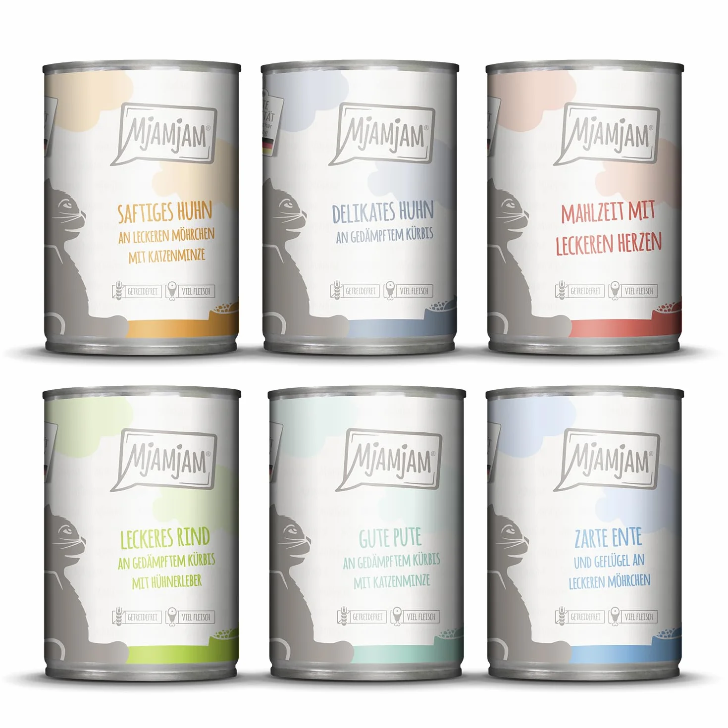 MjAMjAM - comida húmeda premium para gatos - paquete mixto III (6 x 400 g) - caza y conejo, pavo, pato y aves, corazones, pollo, ternera, sin cereales con carne extra