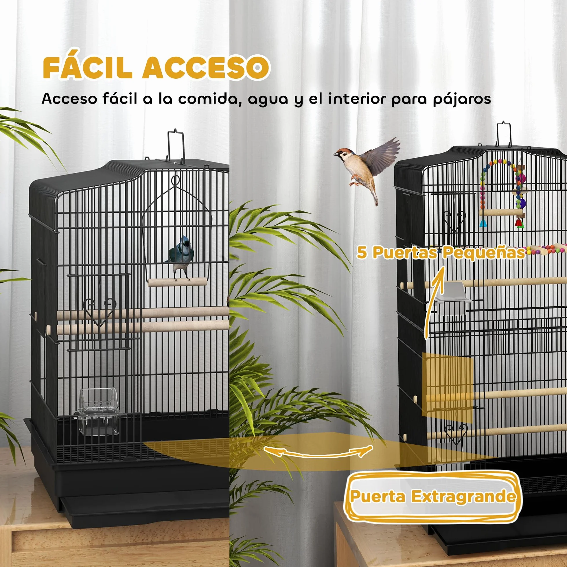 PawHut Jaula para Pájaros, Jaula de Acero para Pájaros con Puertas, 2 Comederos, 2 Perchas, Columpio, Bandeja Extraíble y Asa de Transporte, para Loro, Canario, Periquito, 46,5x36x59 cm, Negro
