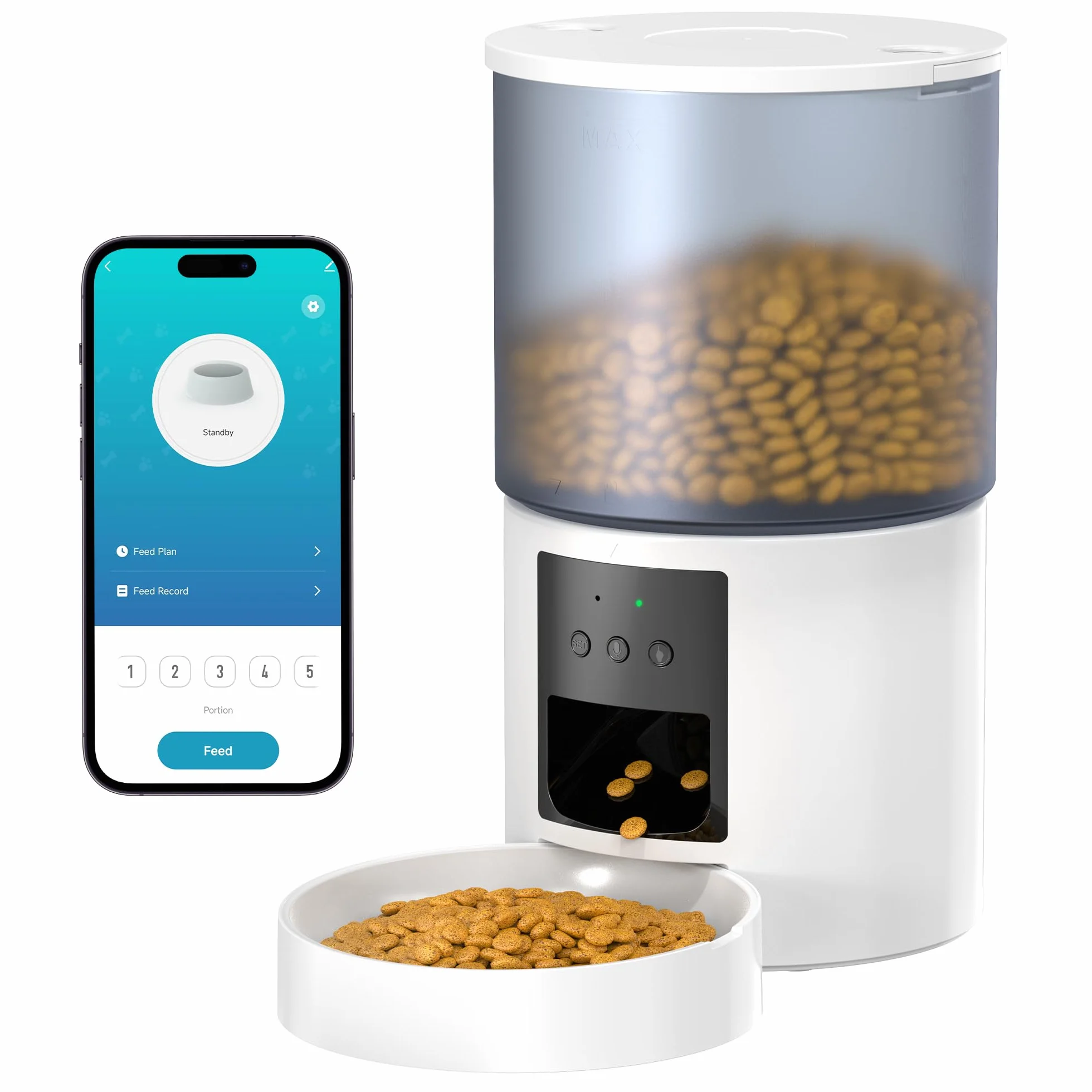 Comedero Gato Automatico WiFi Alimentador: Dispensador Comida Gatos/Perros con Grabación 10s - Máquina de Comida Inteligente para Kitty Temporizador Programable Control App 4L Blanco