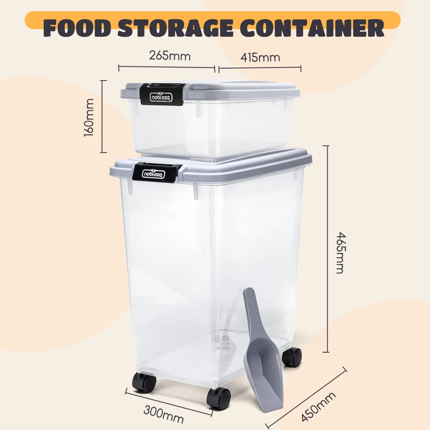 Nobleza Contenedor de Comida para Mascotas 10L+40L， Caja Hermética Transparente con Ruedas， Tapa Abatible y Pala para Alimento de Perros y Gatos， Gris