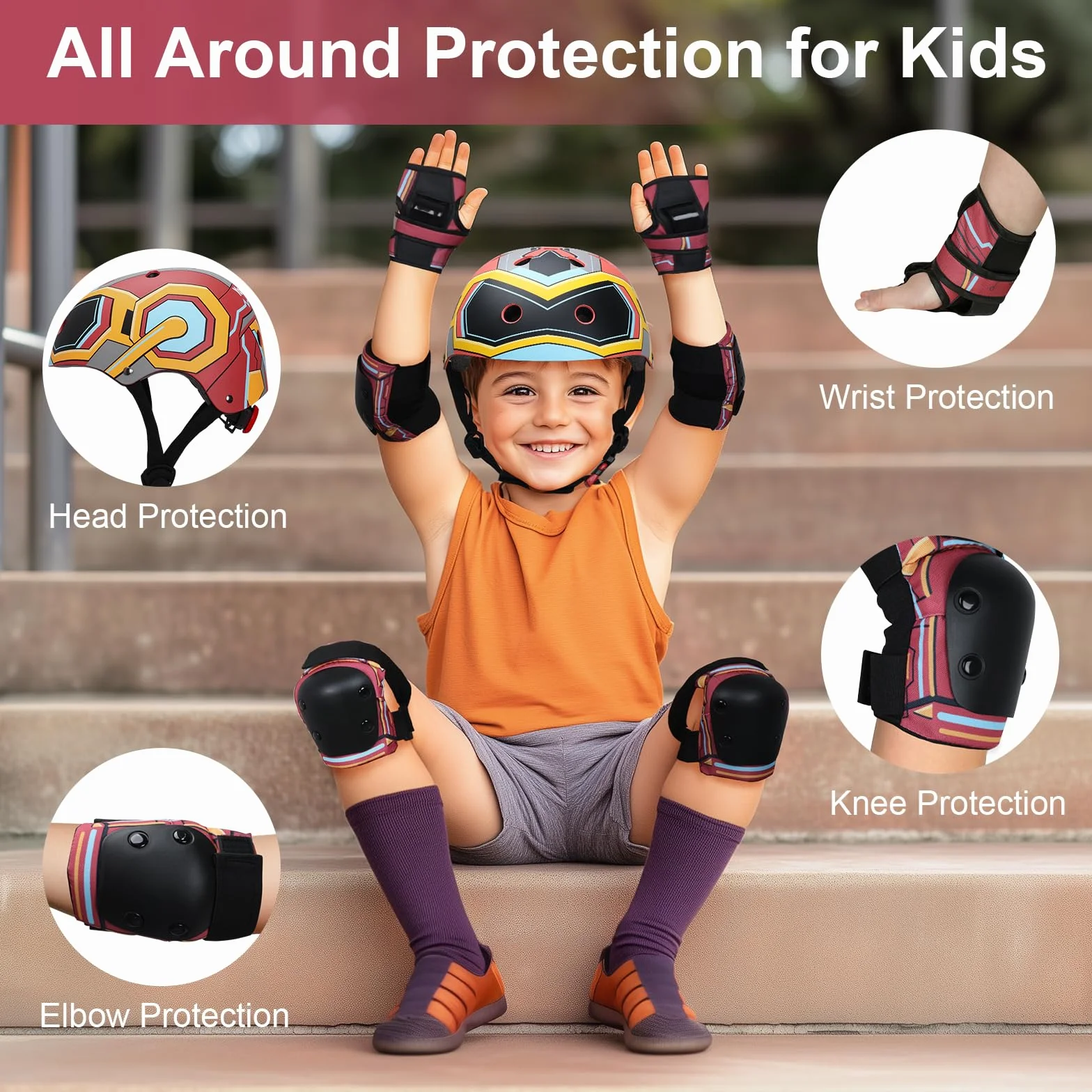Casco Bicicleta Ajustable Niños 3-8 Años Rodilleras Coderas Muñequeras Protecciones Deportivas