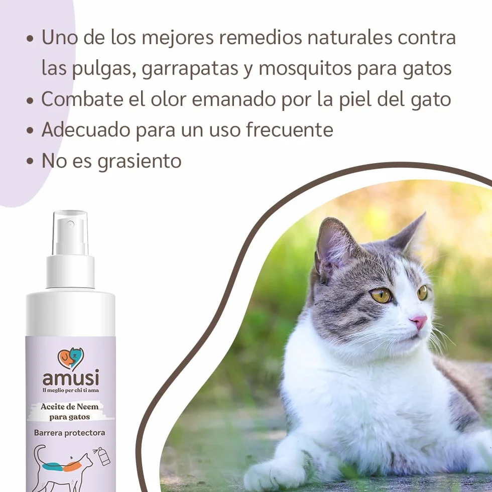 Aceite de Neem Spray para Gatos de Amusi 100 ml Made in Italy 100% Natural y Vegano | Spray Gatos antipulgas - contra Insectos y Pulgas - contra Garrapatas, Mosquitos, Moscas, Ácaros y Piojos