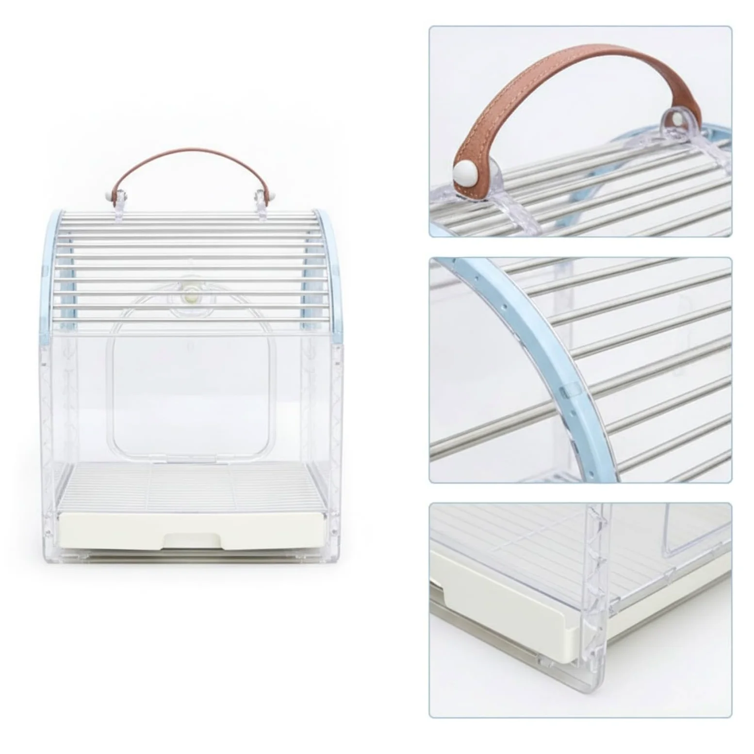 Jaula para Pájaros Portátil Jaula Transporte Aves Hábitat Compacto Cúpula Transparente Barras Acero Inoxidable Ventilada con Comederos Laterales y, Azul