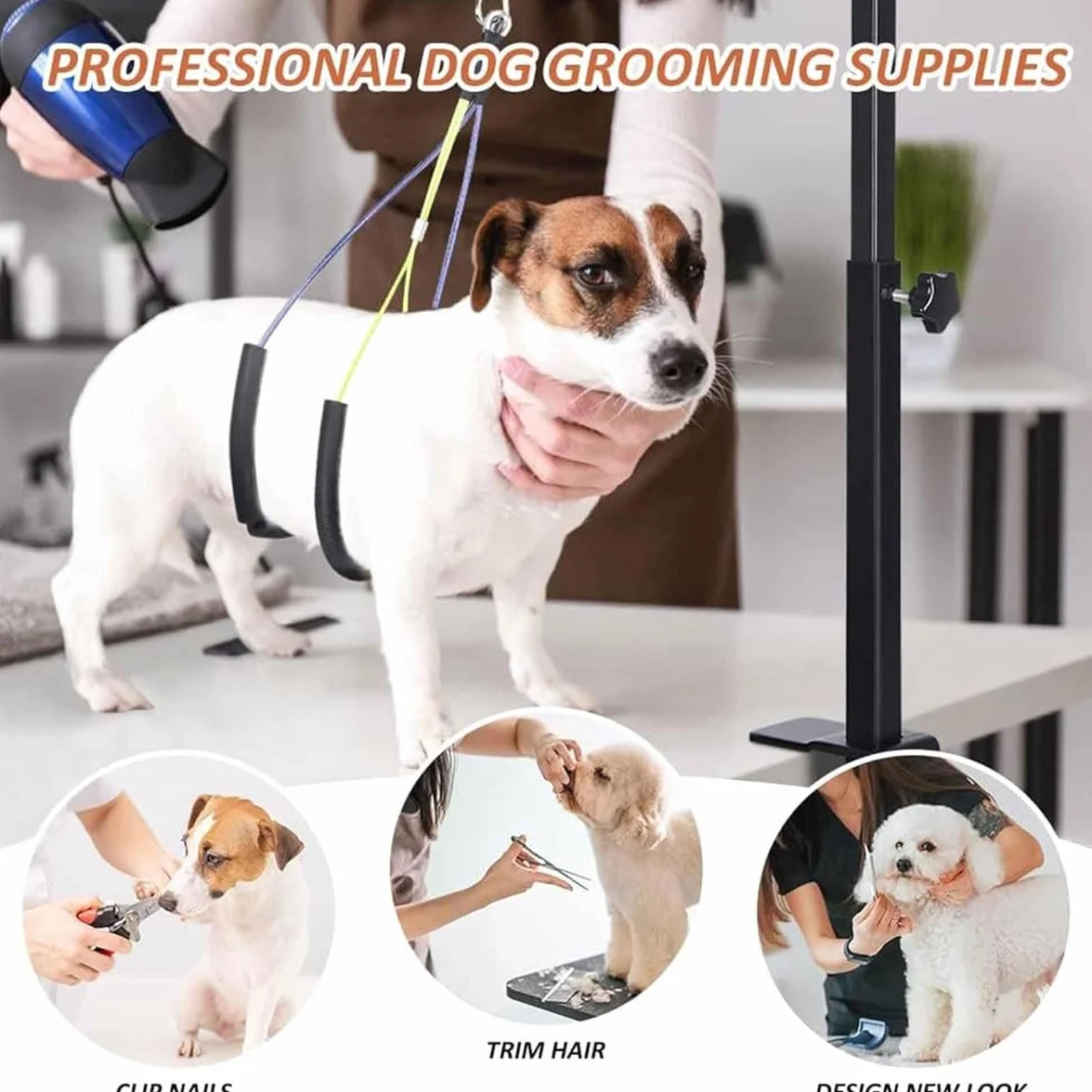 Genérico Brazo De Mesa De Aseo for Perros Ajustable, Brazo De Aseo for Perros con Abrazadera con Dos Soportes for Ancas Sin Sentarse Y Arnés De Hamaca, Suministros De Aseo for Mascotas Plegables