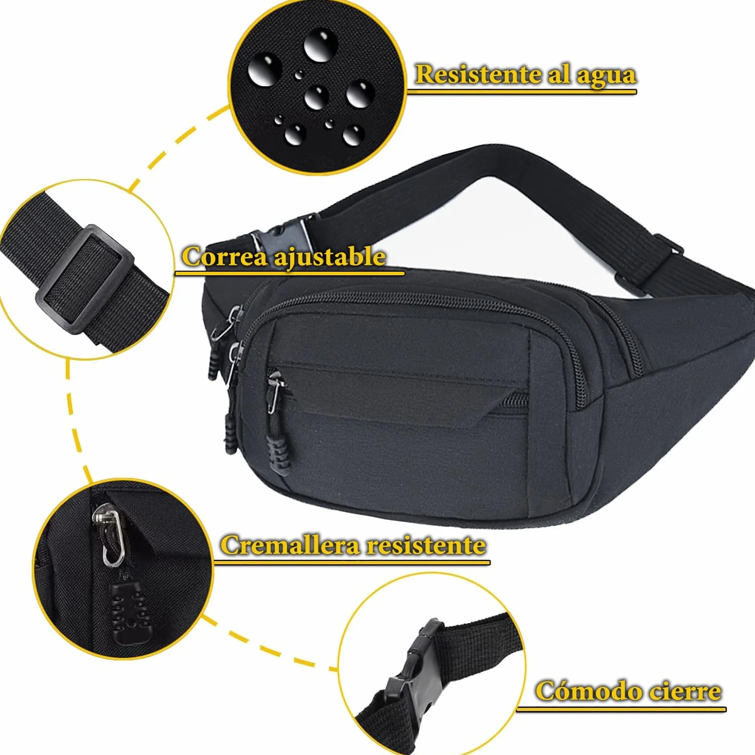 Riñonera Impermeable 4 Bolsillos Cinturón Ajustable Bolsillo Oculto