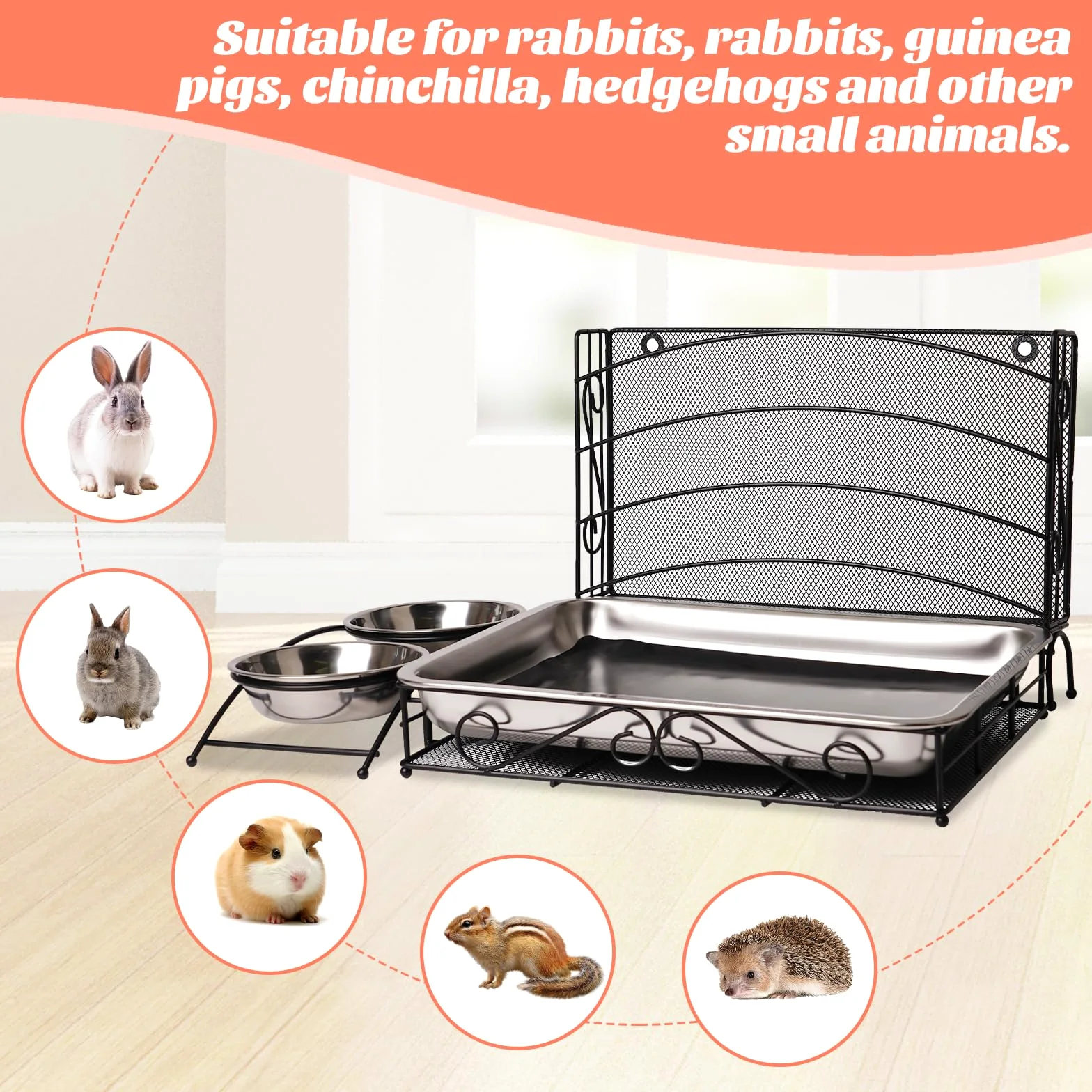 Comedero de heno 3 en 1 para conejos con caja de arena y cuencos, comedero de heno de cobayas con estante de heno de metal, caja de arena para conejos, cuenco de alimentación de animales