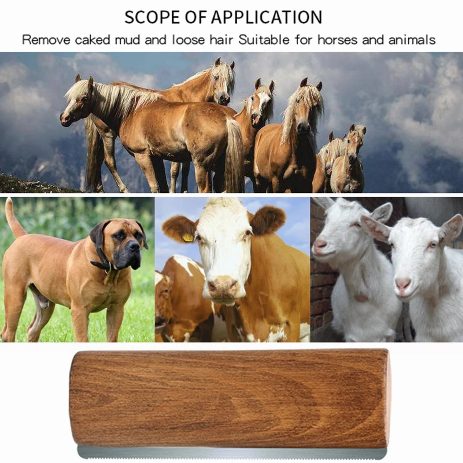 Cepillo para pelar caballos, mango de madera, tira de dientes de acero inoxidable para caballos, cepillo de lavado de aseo de caballos, herramienta de aseo para desenredar, removedor de pelo de