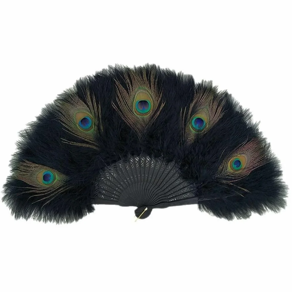 Abanico de plumas de pavo real plegable hecho a mano, decoración de boda, fiesta, baile, cosplay, ventilador portátil (azul)