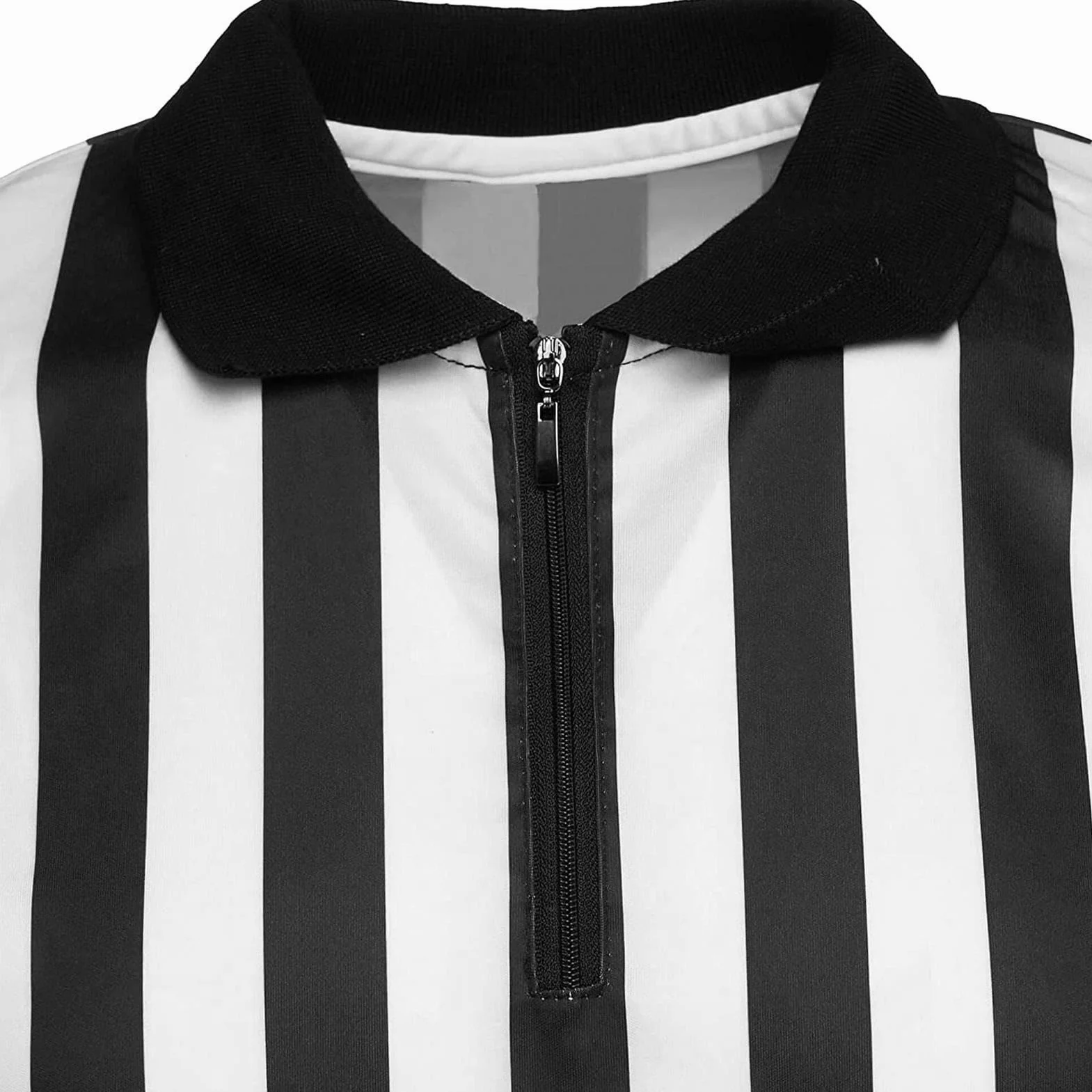 Camiseta de Árbitro Hombre 170-175cm Cremallera Cuello Jueces Deportivos Fútbol Rayas Blancas Negras Absorción Humedad Transpiración