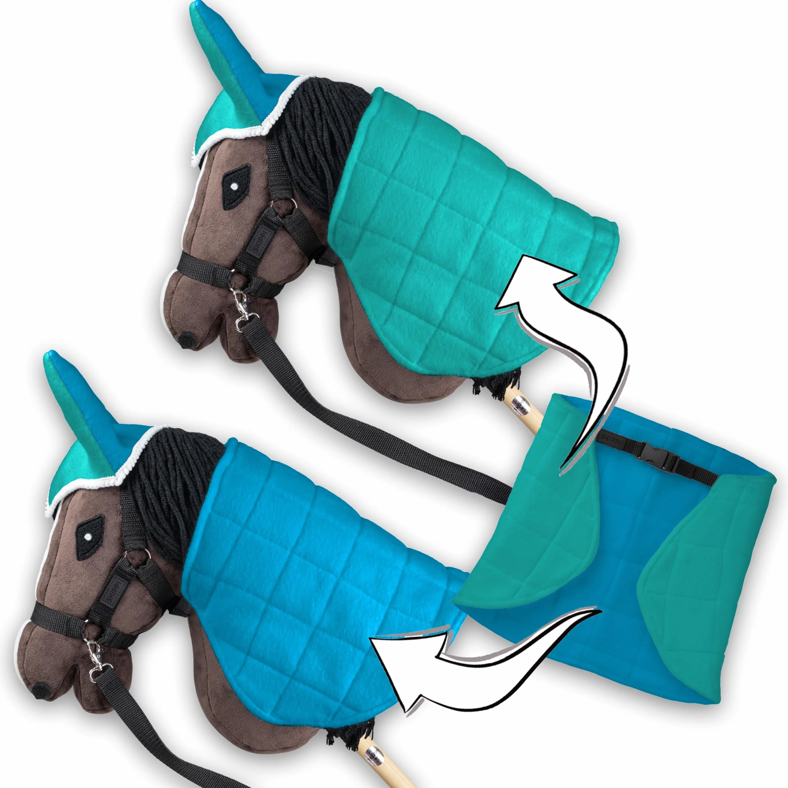 SKIPPI Manta y Orejeras para Caballo Hobby Horse – Menta y Azul, Hobby Horse Accesorios, Manta Reversible y Orejeras Antimoscas para Caballo de Palo, Hobby Horsing