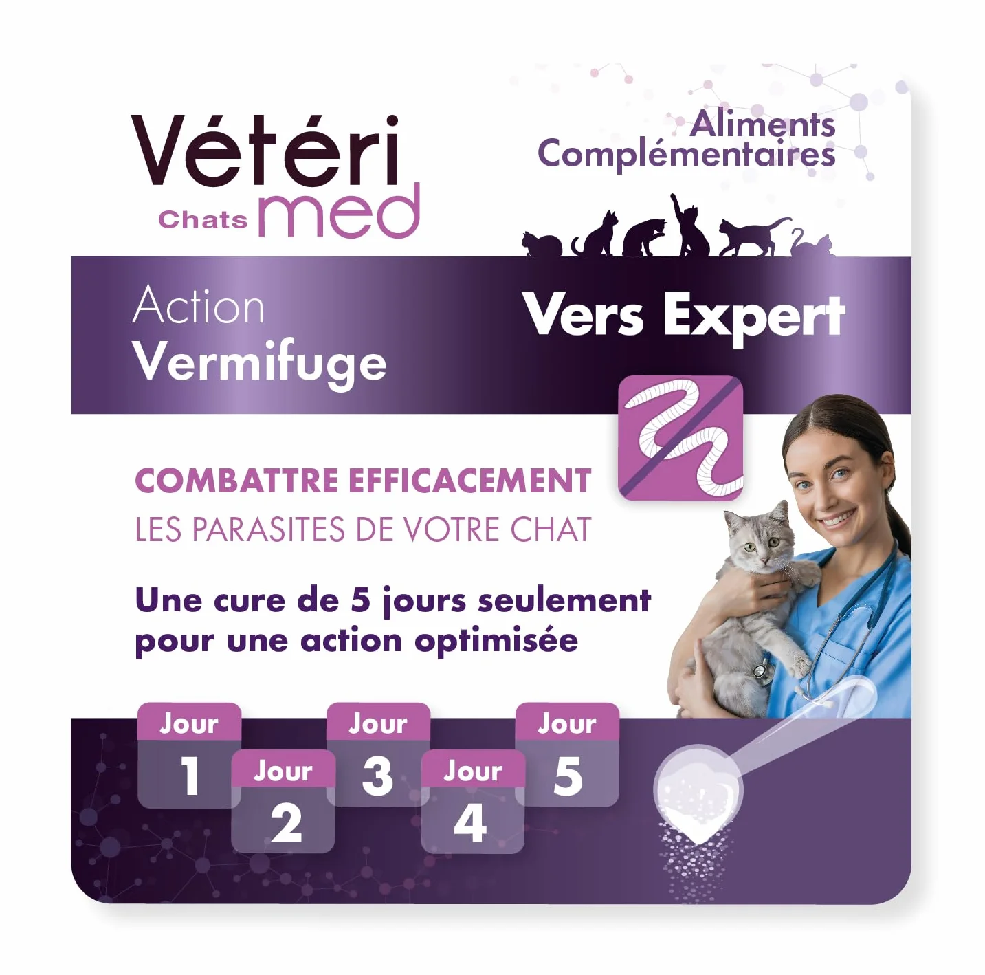 Desparasitante para Gatos Vétérimed, Higiene intestinal y Bienestar General, Fabricado en Francia, Polvo Natural