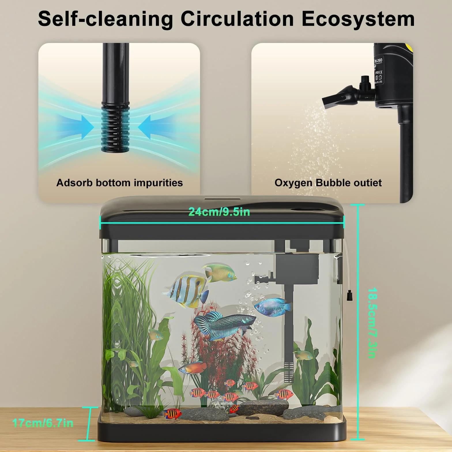 10L Acuario de Cristal, Ambesty Acuarios y Peceras Completas,Pecera con Sistema de Filtrado Integrado e Iluminación LED,Bajo Ruido y Silencioso,Acuarios de Iniciación, Negro