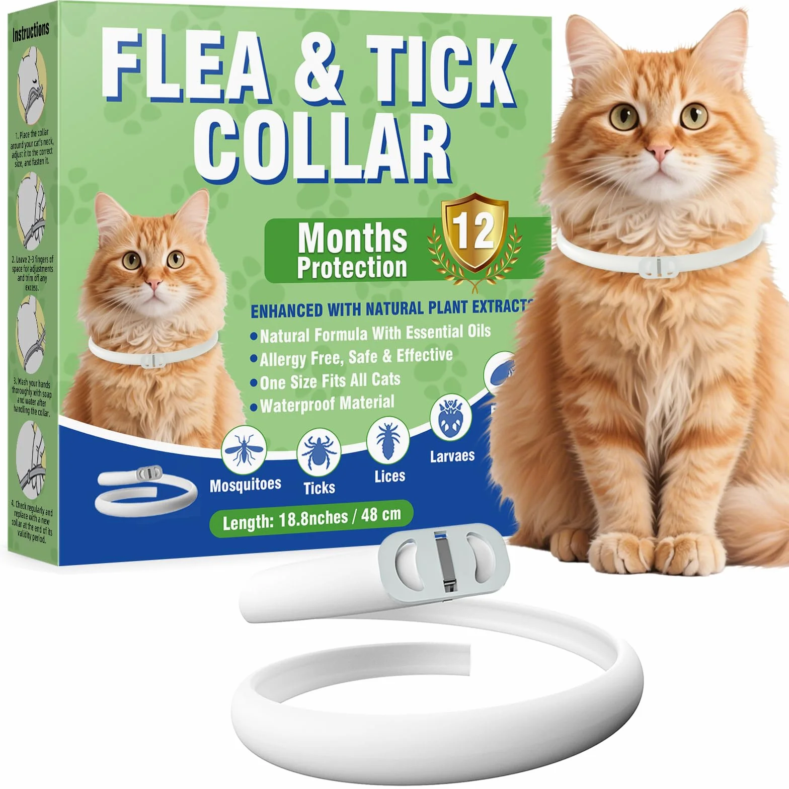 Inpumo Collar Antiparasitario para Gatos, Collar Antipulgas y Garrapatas Ajustable, Gregado con Aceites Naturales, Impermeable, Apto para Todos Los Gatos,12 Meses de Protección (1 Pack)