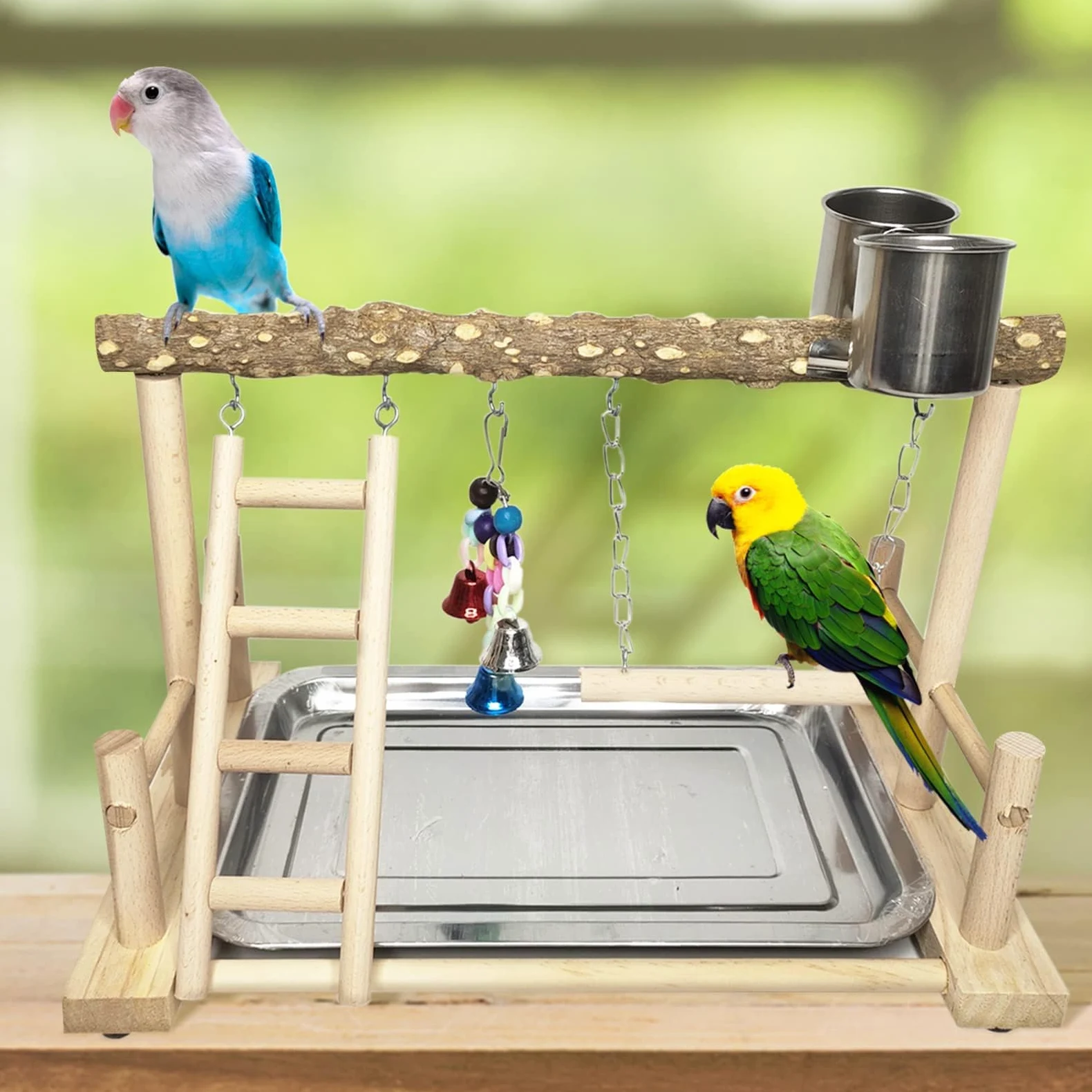 PINVNBY Parque de Juegos para pájaros, Soporte de Madera para Loros, Soporte de Madera para Ejercicio, para Gimnasio, Escalera con Tazas de comedero, Juguetes Colgantes para periquitos, Conure