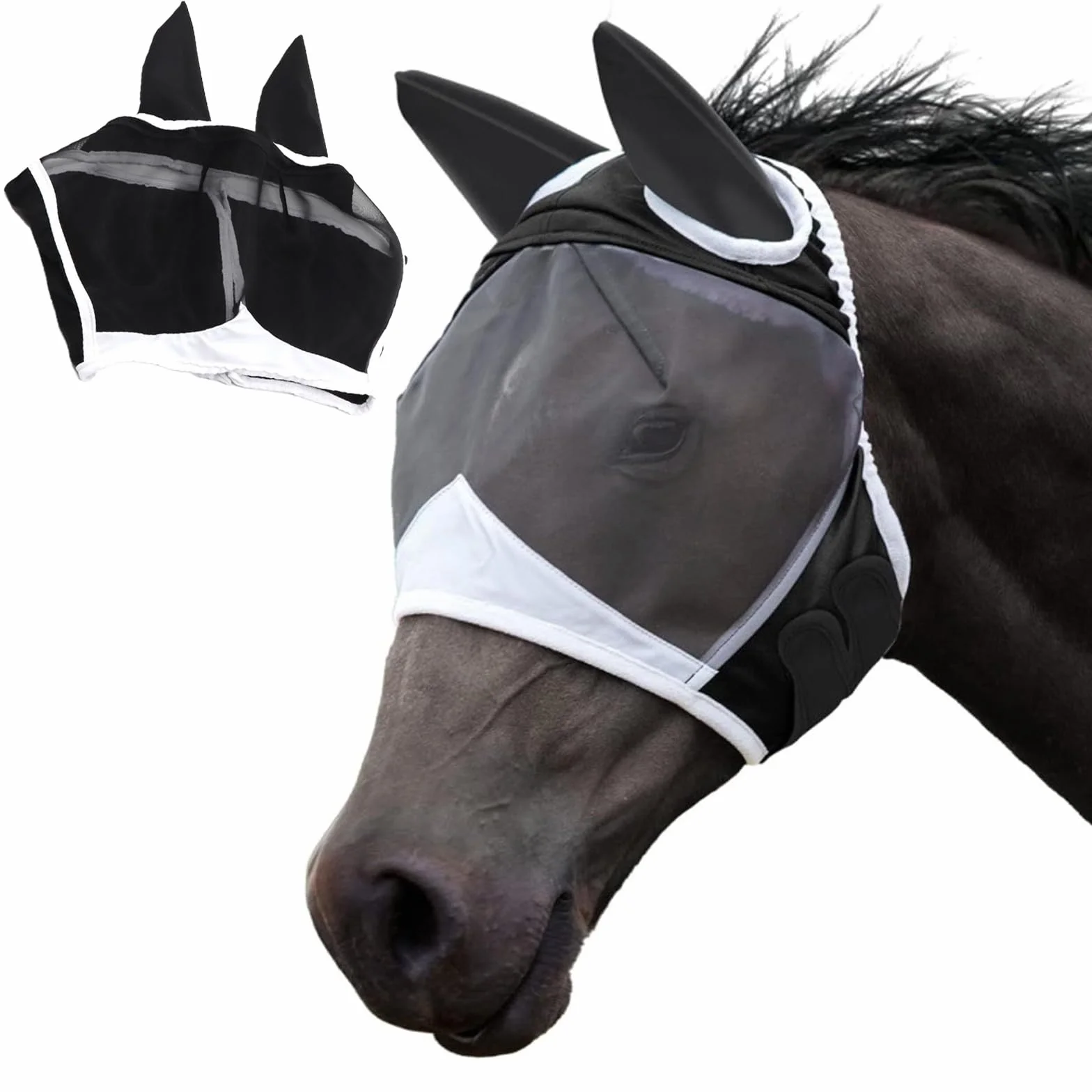 Máscara transpirable para moscas de caballo, máscara de mosca de caballo blanco y negro con orejas, tamaño ajustable (L)
