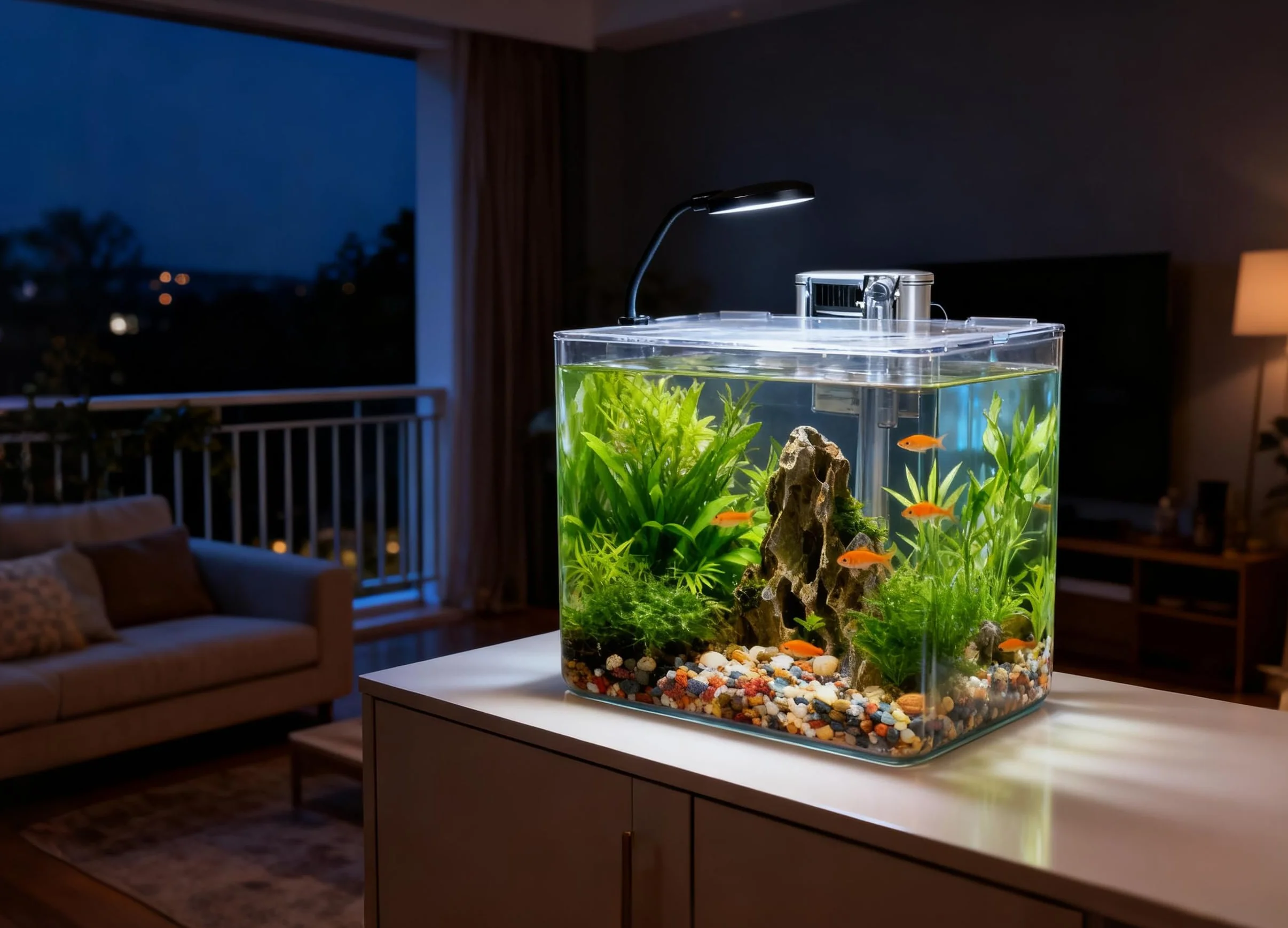 Set de acuario de 5 l para principiantes, 18 x 18 x 18 cm, mini acuario de plástico con lámpara LED y filtro USB, 5 l