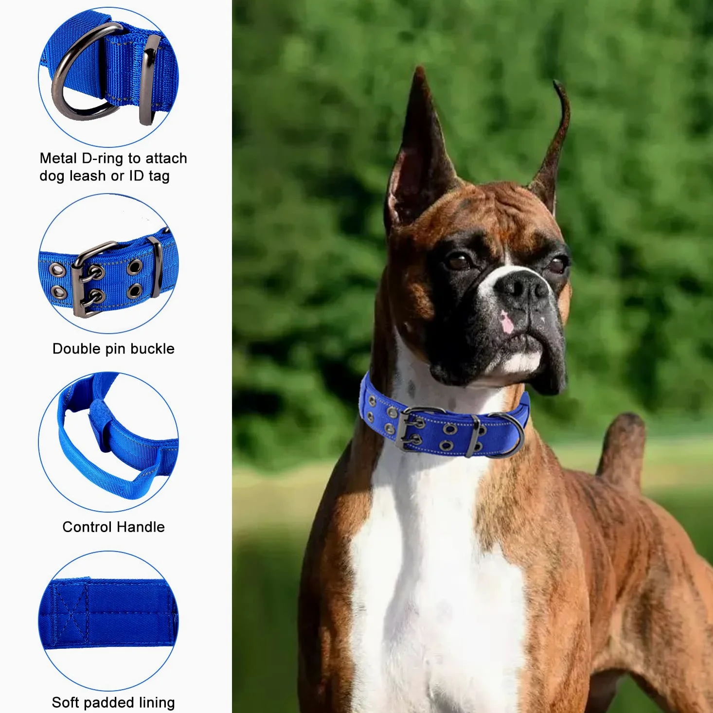 Collar reflectante para perro, collar táctico resistente con mango de control y hebilla de metal para entrenamiento de perros (M,azul)