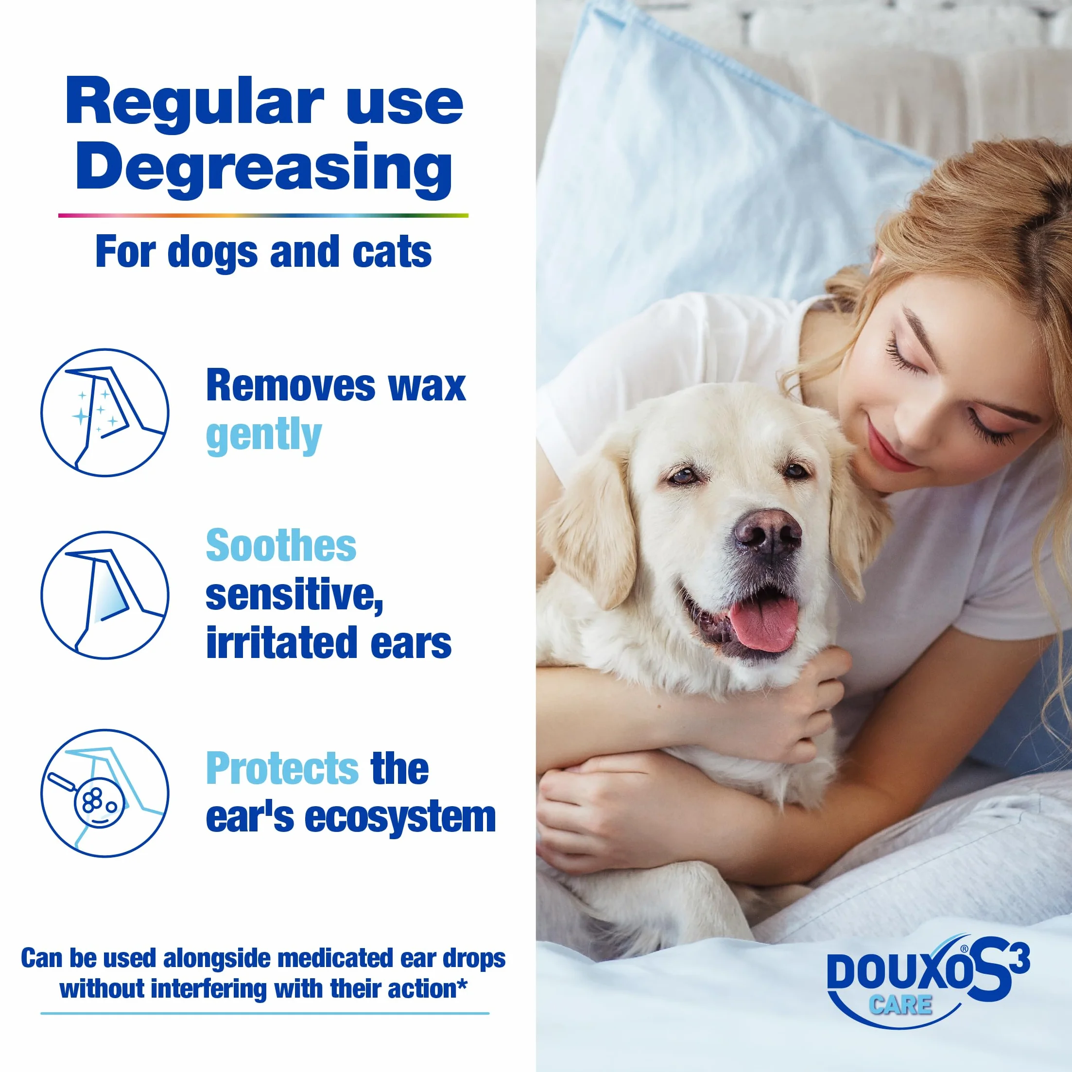 DOUXO® Limpiador de oídos S3 CARE de 120 ml, recomendado por veterinarios y clínicamente probado, para perros y gatos, uso suave, regular, limpia y elimina la cera, calma, protege e hidrata las orejas