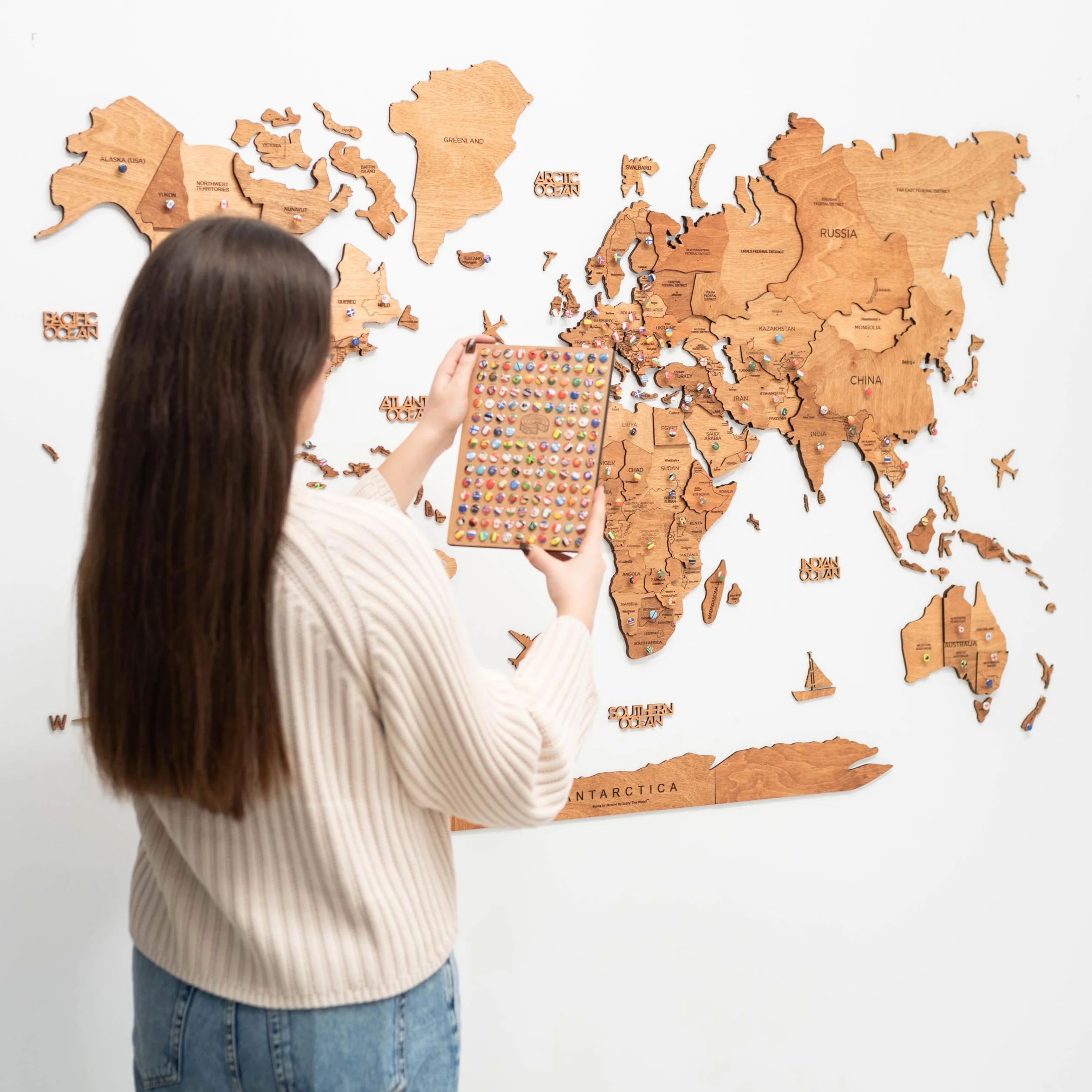 Mapa Mundial de Madera 3D Arte de Pared Decoración de Pared para Regalo de Inauguración de Casa (L, Oak)