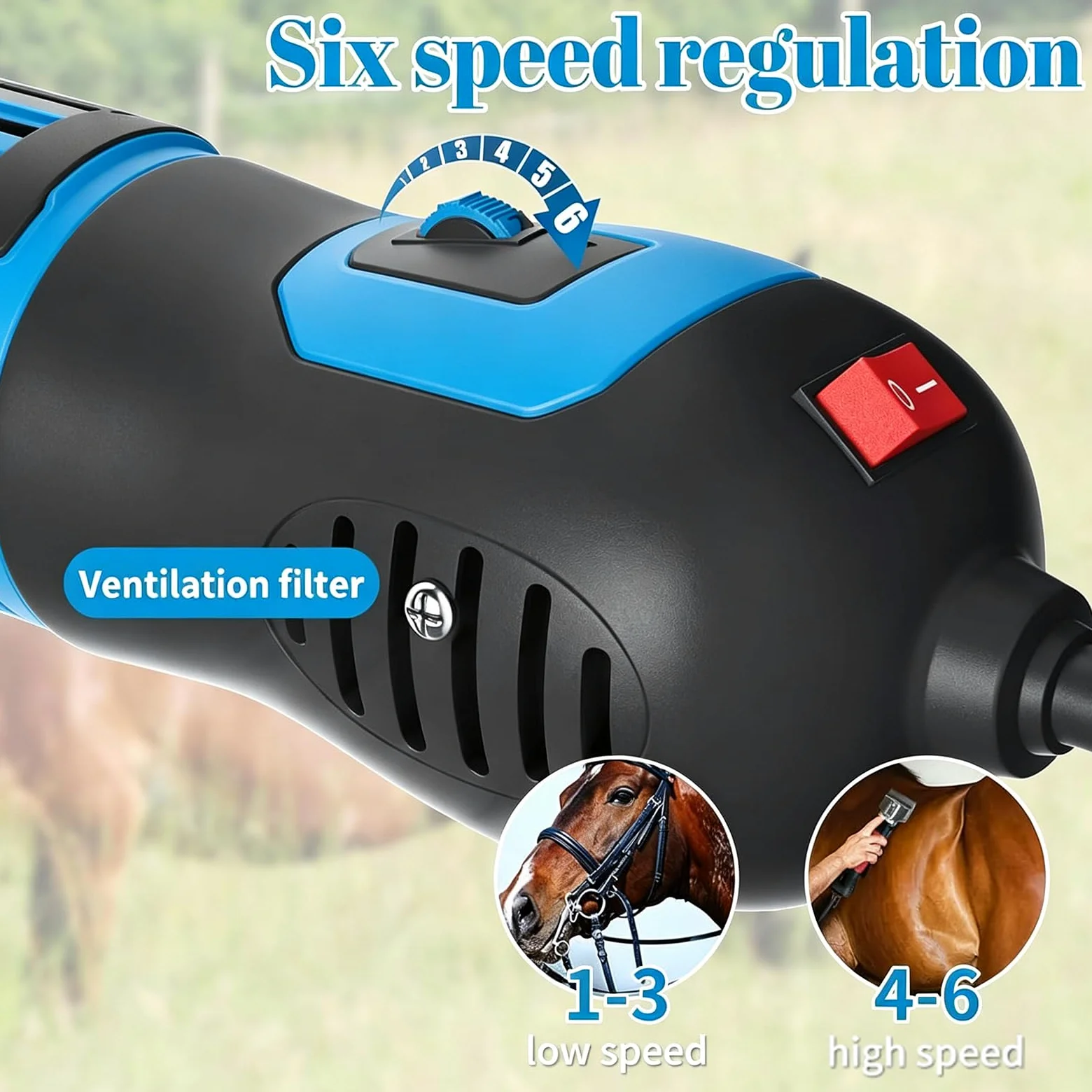 Cortapelos eléctricos profesionales para caballos, tijeras equinas de baja vibración de 690 W, cortapelos ligero, 6 velocidades ajustables para abrigos de mascotas y ganado blue