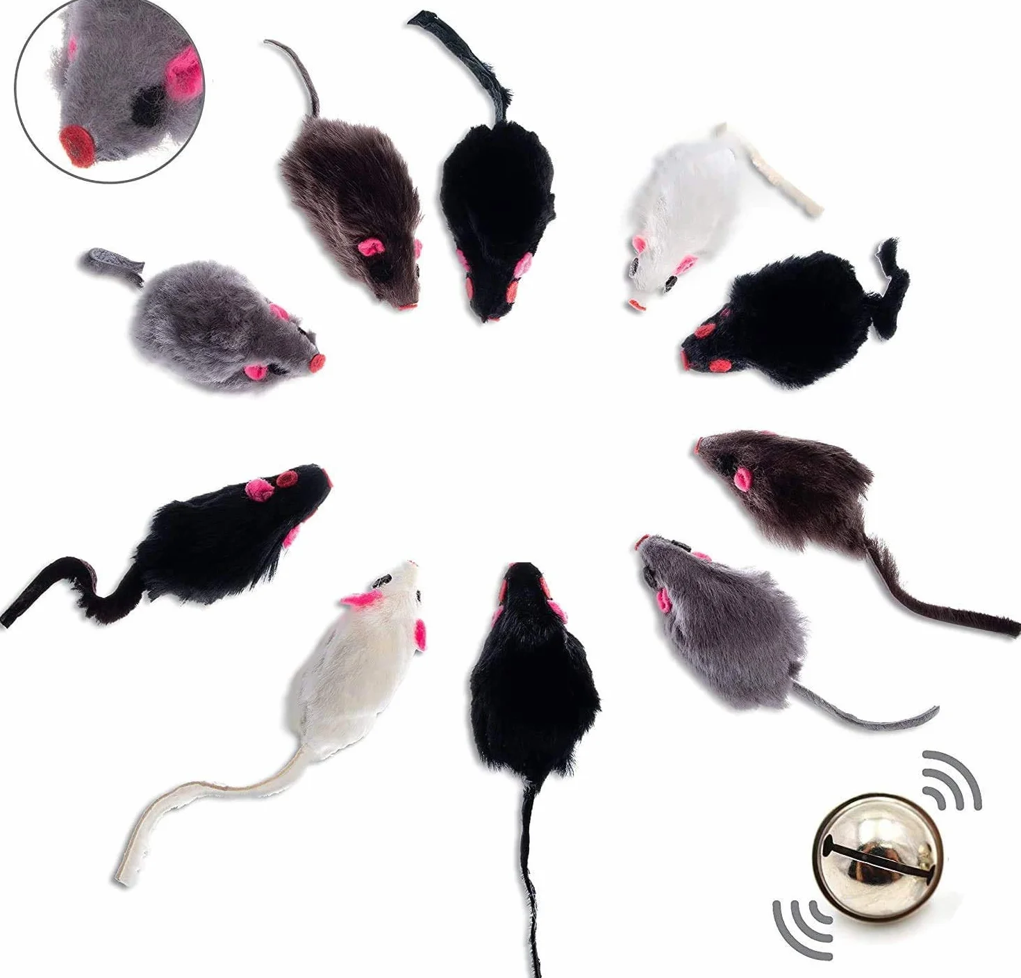 ELANOX Juego de 10 ratones de juguete, 10 unidades con campana y menta gata