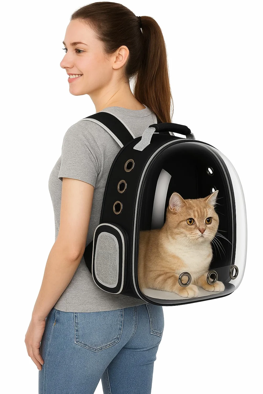 Mochila para Mascotas con Cápsula Transparente, Transportín Portátil para Gatos y Perros Pequeños, Pets, Ventilación Múltiple, Diseño Ergonómico, Mochila Negra