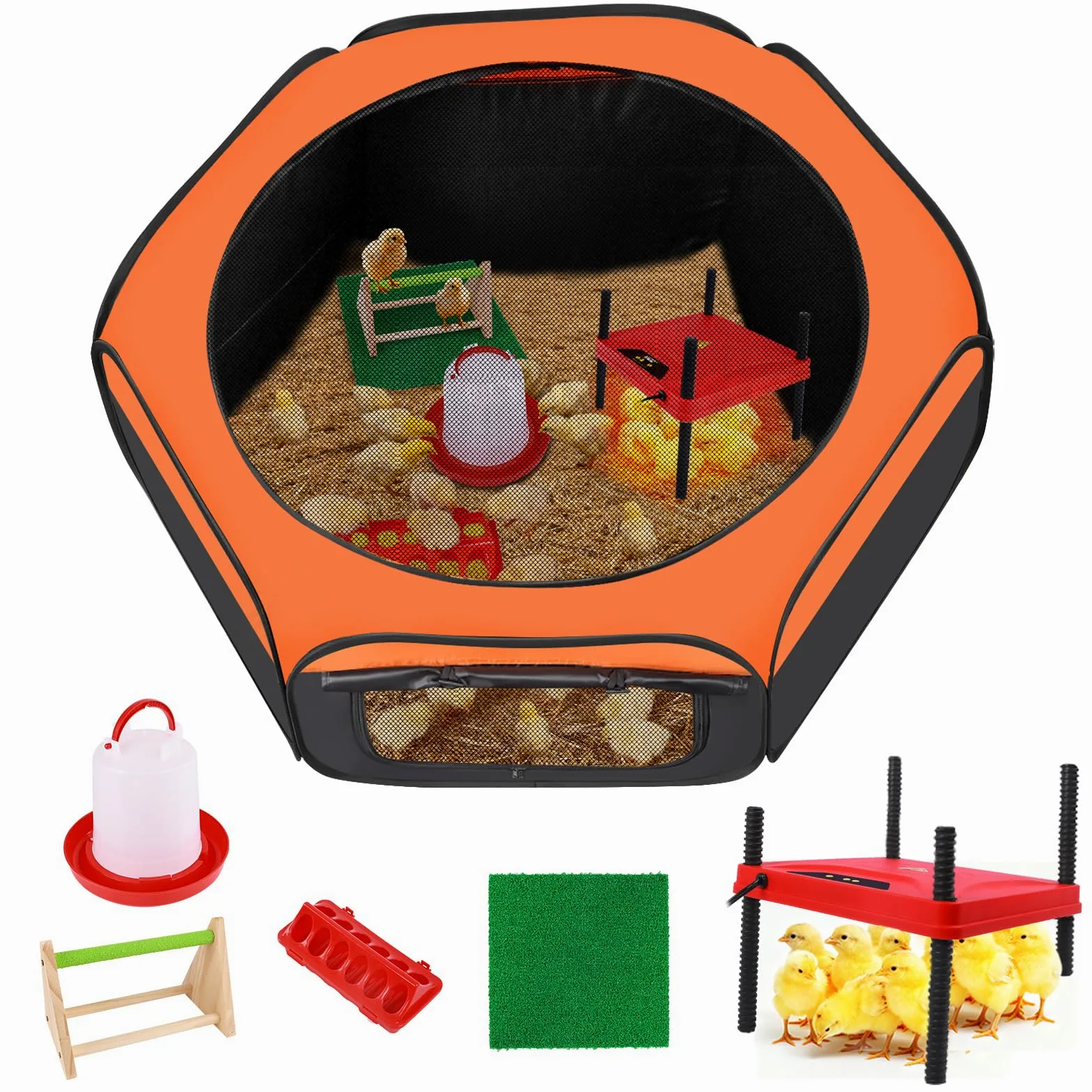 Caja de cría para pollitos, kit de iniciación 6 en 1, incluye placa de calefacción para criadores, corral de pollo para bebés, comedero de pollo, bebedero, perca, almohadilla de anidación (juego de