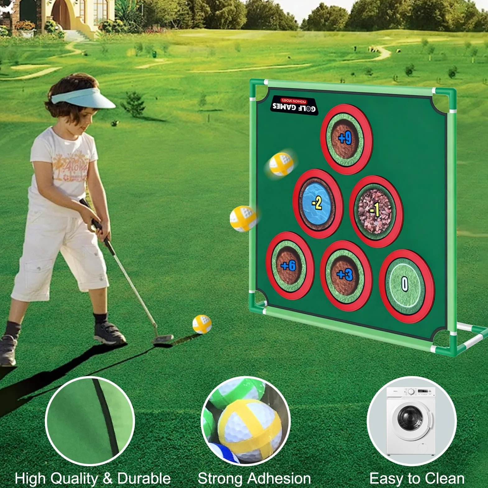 Juego de golf para casa con alfombrilla de putt, bolas adhesivas y bolsa de transporte