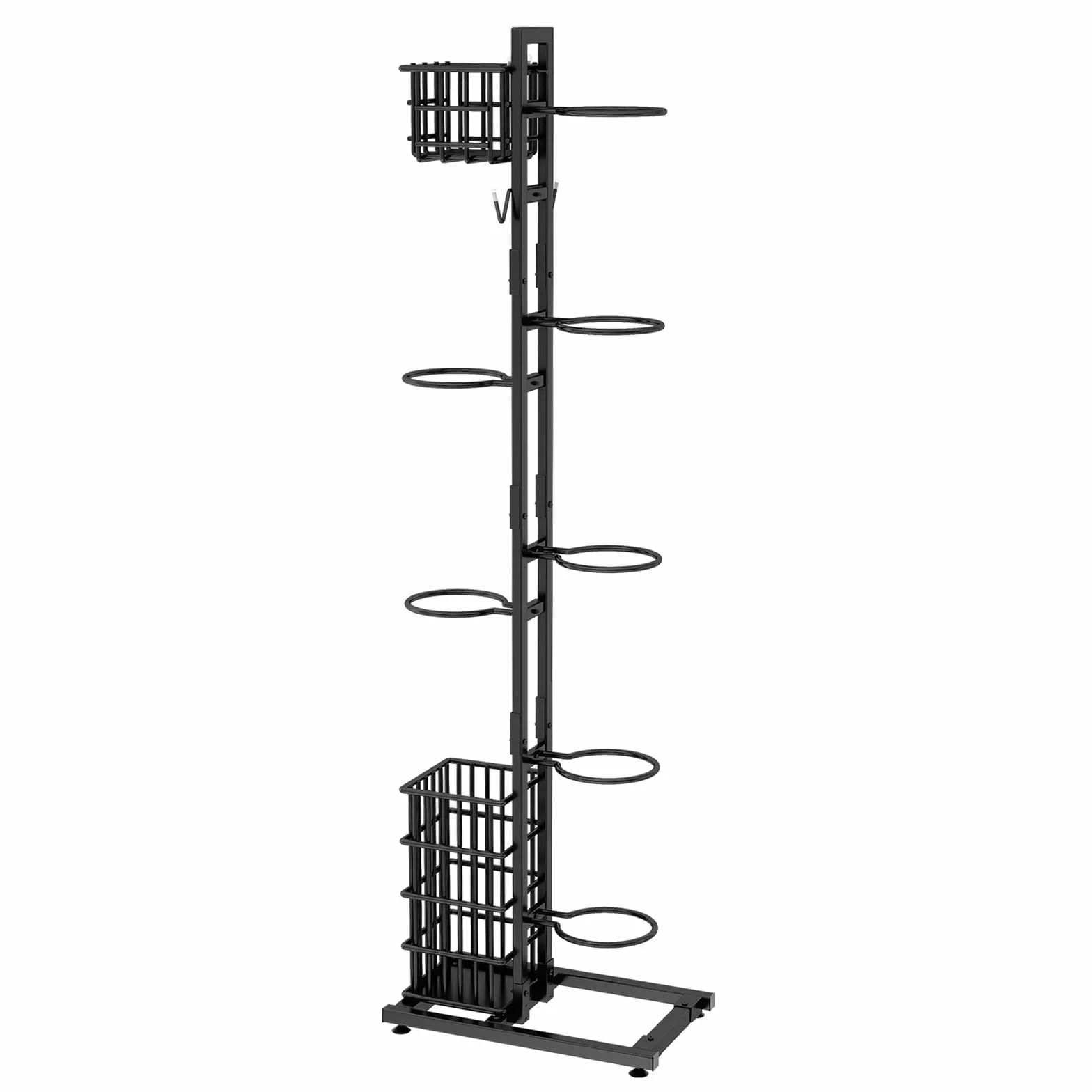 Soporte de bolas para rodamientos verticales rack baloncesto almacenamiento multicapa con cesta y ganchos