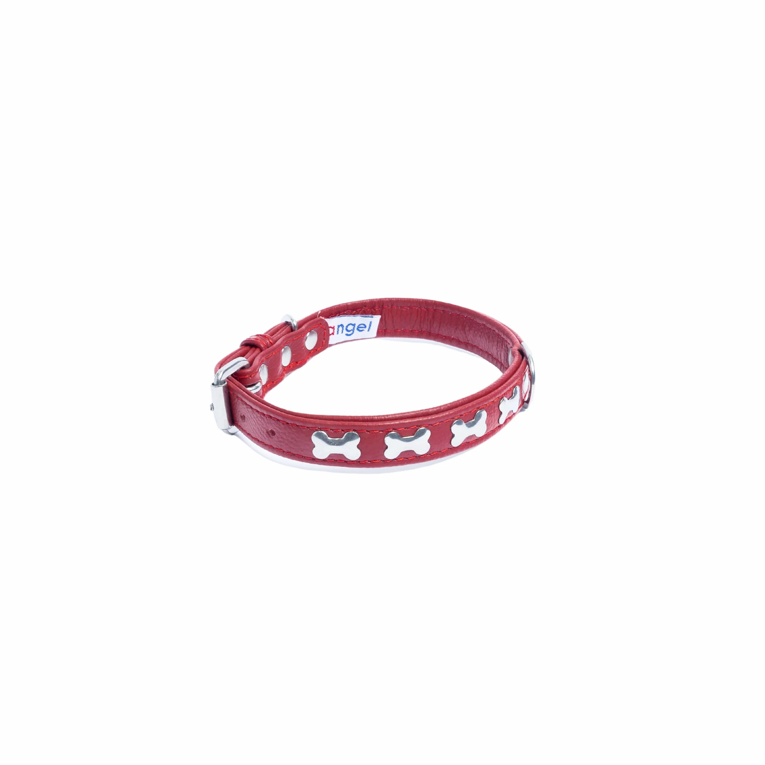 Angel Pet Supplies Inc. Huesos de Cuero Collar de Perro, Acolchado, Double-ply, con Mangos de configuración, 18" x 3/4 ", Rojo, 100% Piel auténtica (Rotterdam Huesos) Cuello tamaño: 12,5" – 16 "