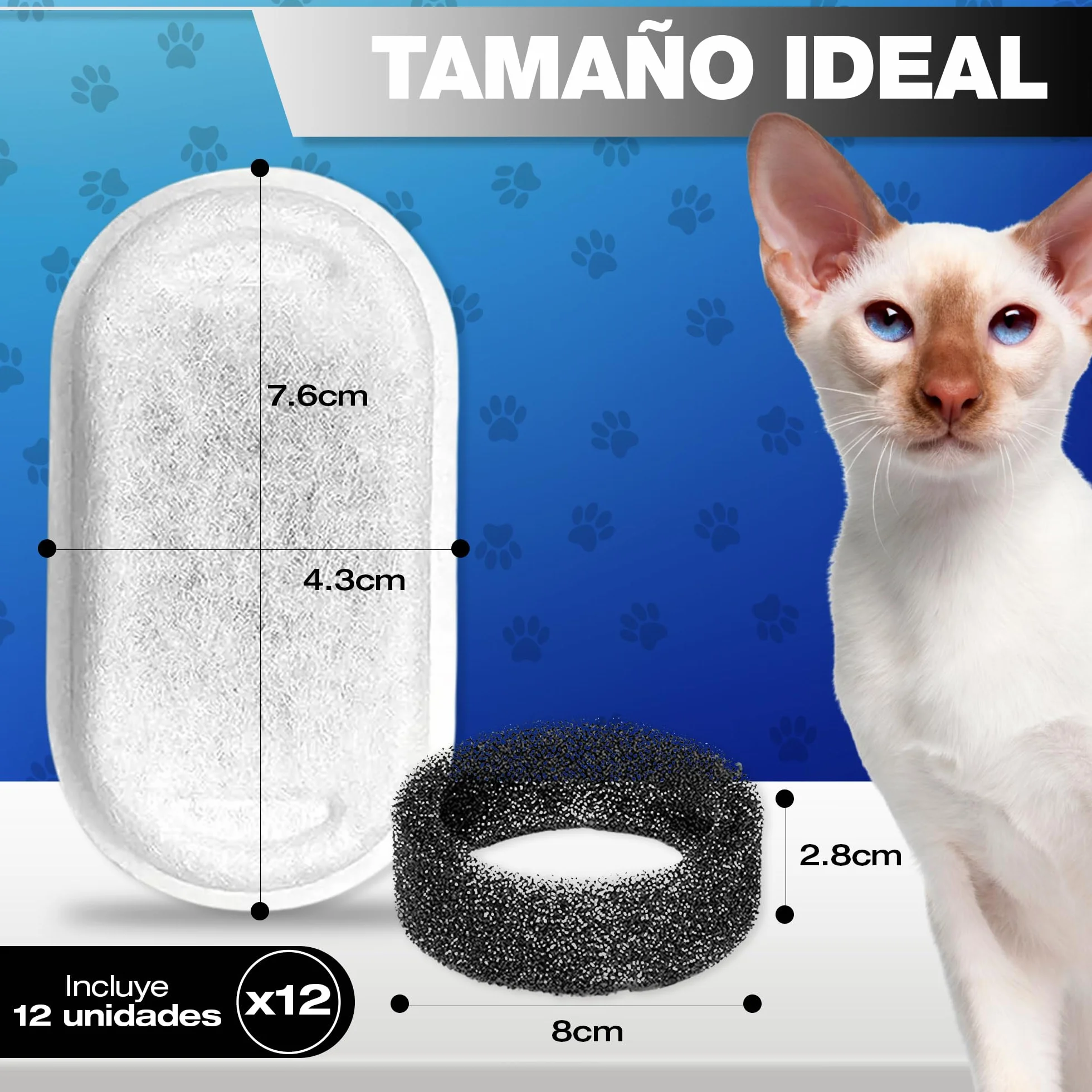 Filtros Fuente Gatos 8 uds – 4 Filtros de Carbón Activo + 4 Esponjas – Filtro Fuente para Gatos de Triple Capa – Recambios – Reduce Cloro y Olores – Compatible Acero Inoxidable y Plástico