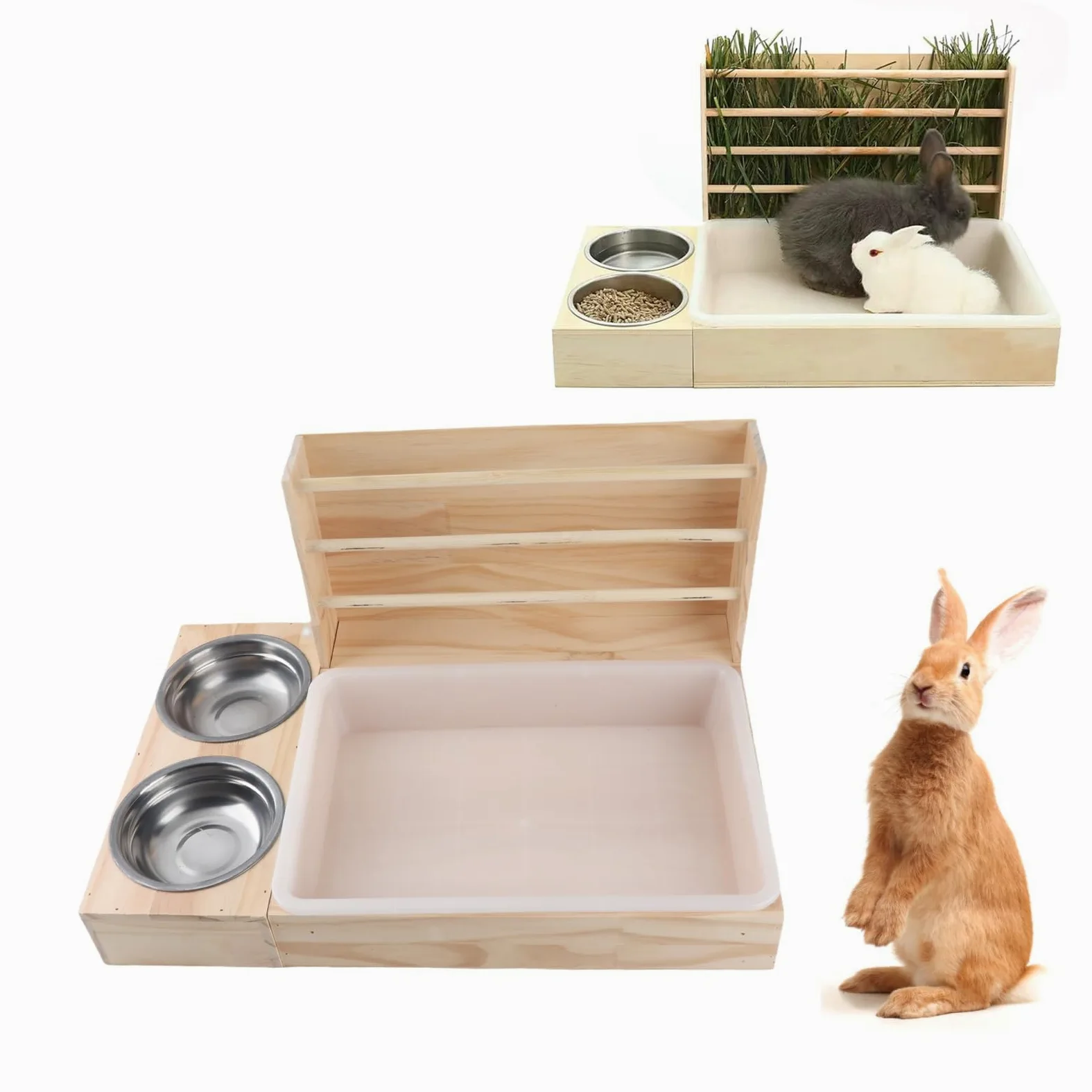 JTLB Comedero para heno 3 en 1 de madera con bandeja de para gatos y 2 comederos, gran capacidad, para cobayas, conejos y animales pequeños