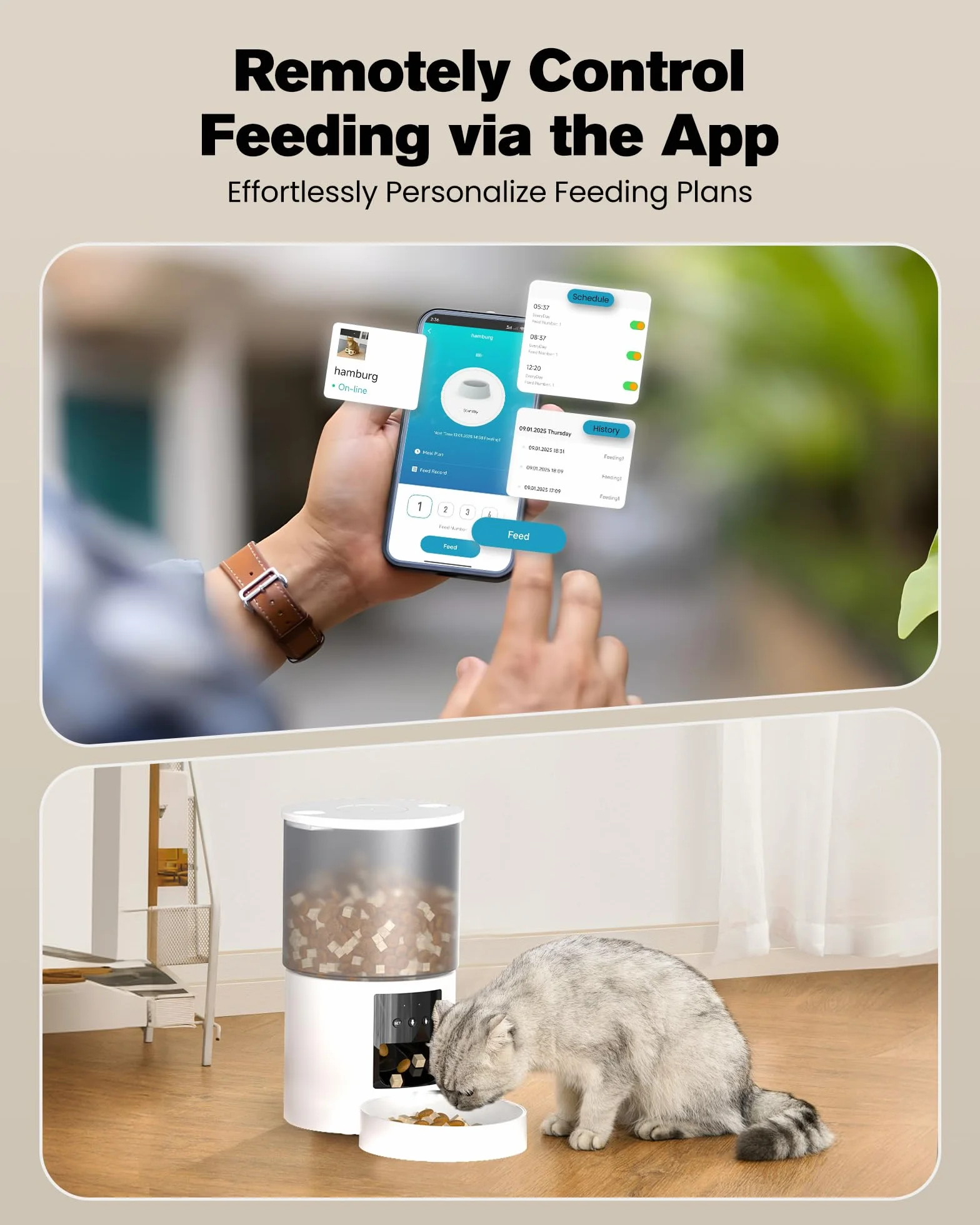 Comedero Gato Automatico WiFi Alimentador: Dispensador Comida Gatos/Perros con Grabación 10s - Máquina de Comida Inteligente para Kitty Temporizador Programable Control App 4L Blanco