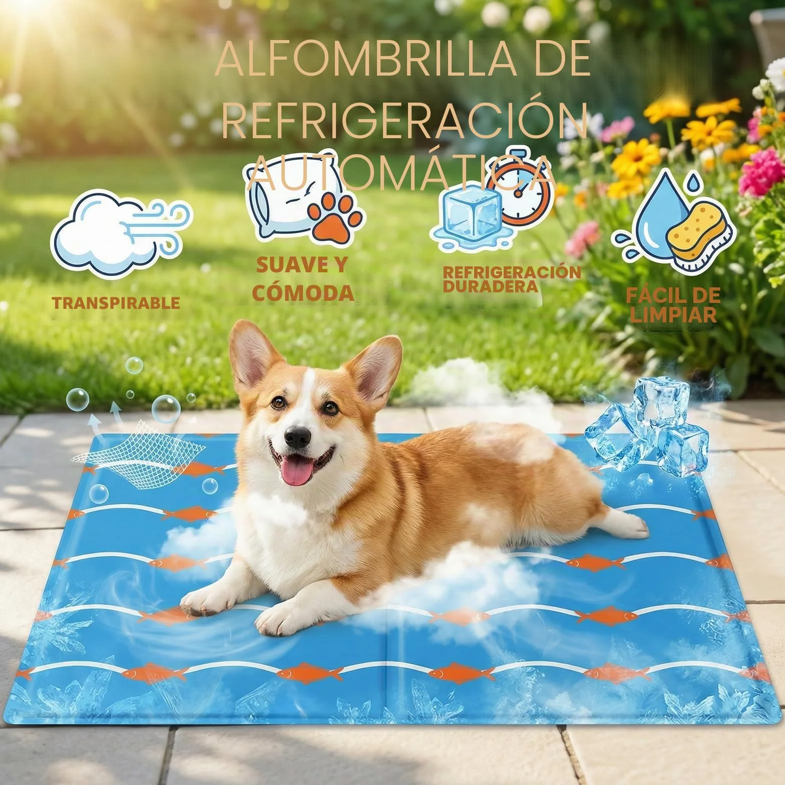 Qoosea Alfombra Refrescante para Perros y Gatos 50x65cm - Diseño Peces y Olas, Colchón Enfriador Autorefrescante, Impermeable y Plegable para Casa Coche y Viajes