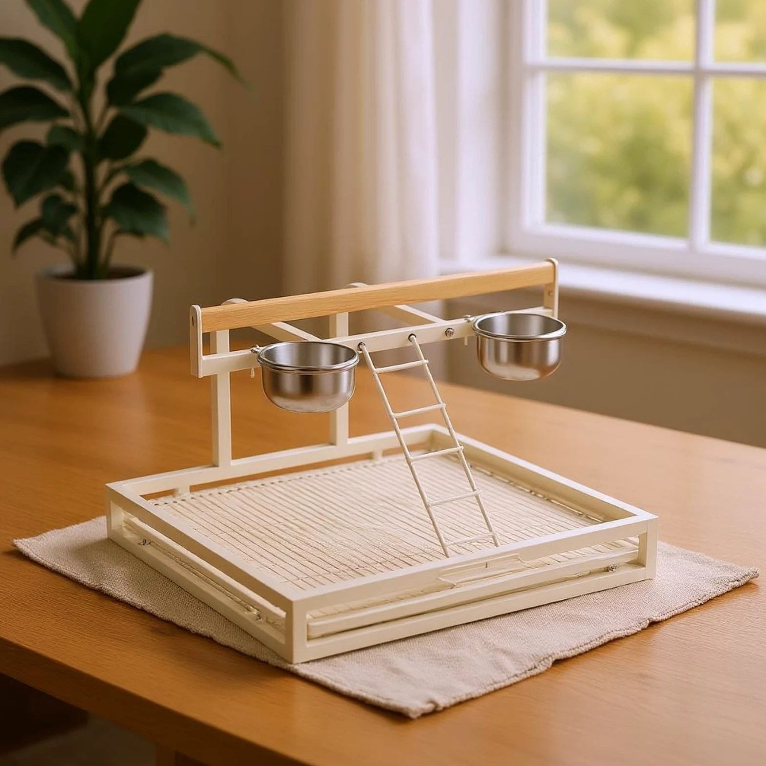 Estructura Elevada Percha Acero Inoxidable Madera Clara Percha con Escalera Antióxido Jaula