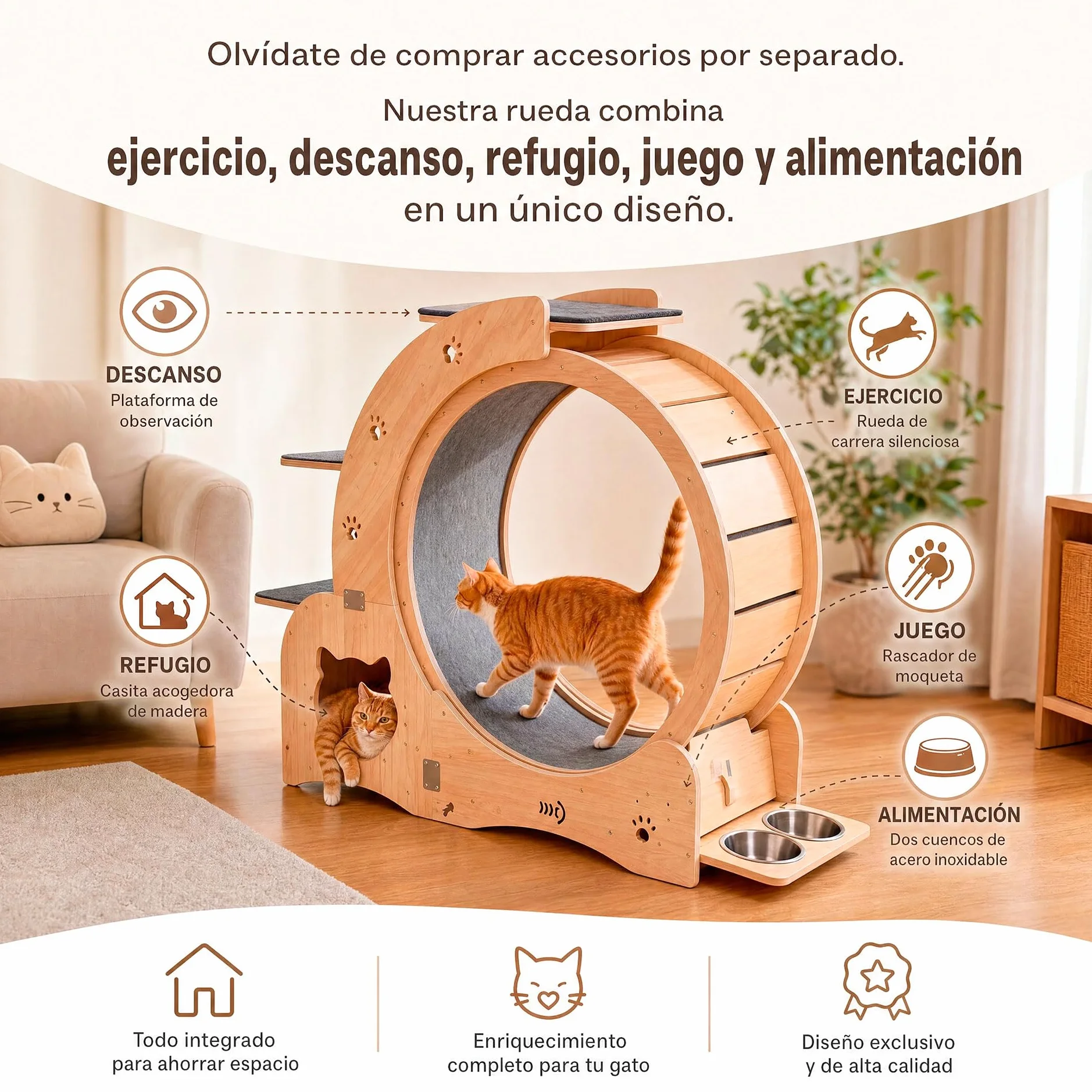 Rueda de Ejercicio para Gatos de Madera Maciza 5 en 1 (100cm) con Casita Integrada, Rascador, Plataformas y Cuencos – Cinta de Correr Silenciosa y Estable para Gatos Grandes y Perros Pequeños
