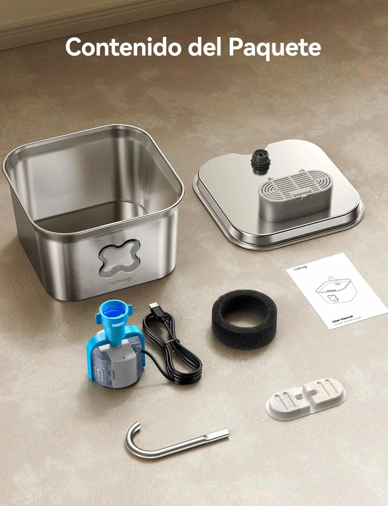 FEELNEEDY Fuente para Gatos Acero Inoxidable 2,8L, Bebedero Gatos con Cable y Filtración de Cuatro Capas, Fácil de Limpiar, Apta para Lavavajillas
