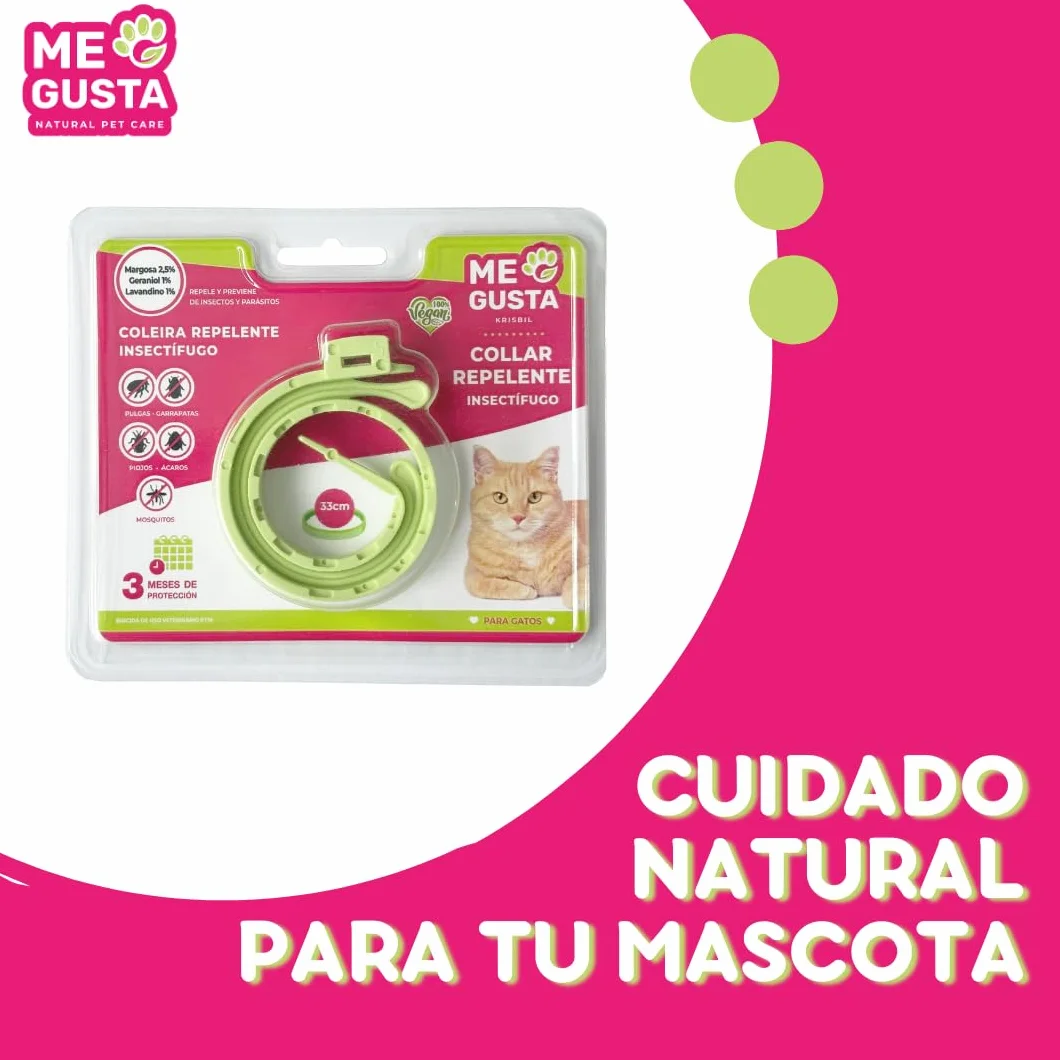 ME GUSTA Collar Repelente para Gatos con 3 Activos Naturales Margosa, Geraniol Y Lavandino | Repele Todo Tipo de Insectos | Fragancia Cítrica | Estuche | 30 cm