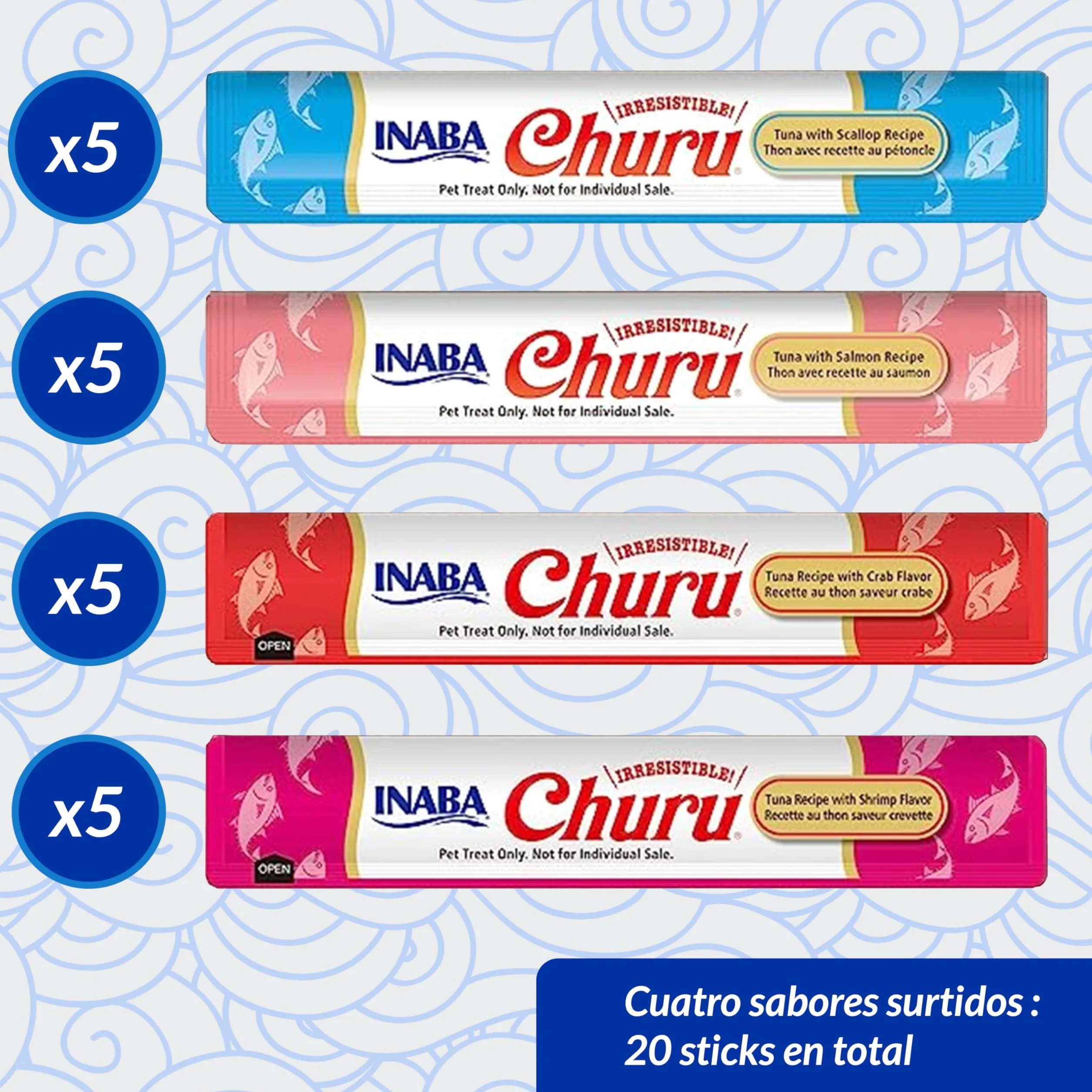 INABA Churu Gatos - 4 Recetas de Snacks Saludables a Base de Atún - Deliciosos Premios con Textura Suave y Cremosa - Natural, Sin Cereales, Sin Conservantes, Sin Colorantes - 280g (20x14g)